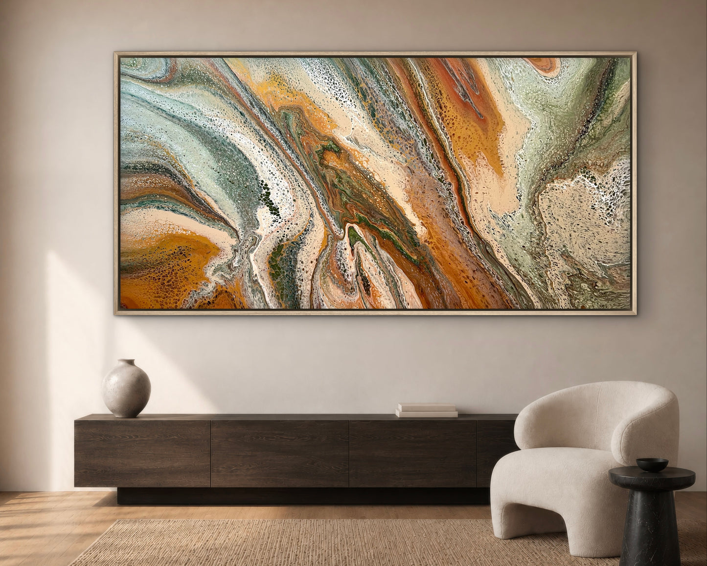 Ancient Terrain extra-large abstract painting by Angela Roskell in green, rust and earthy metallic tones, displayed in a modern living room.