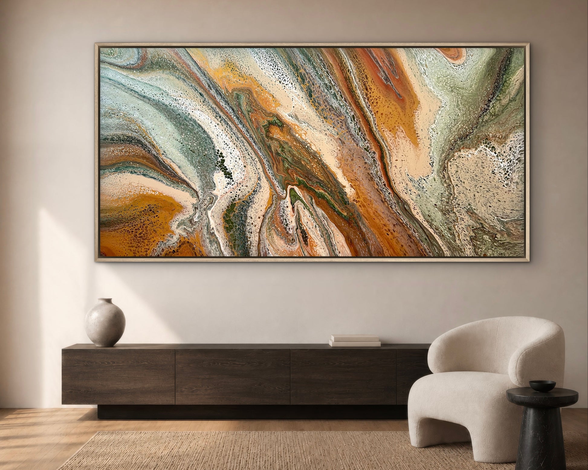 Ancient Terrain extra-large abstract painting by Angela Roskell in green, rust and earthy metallic tones, displayed in a modern living room.