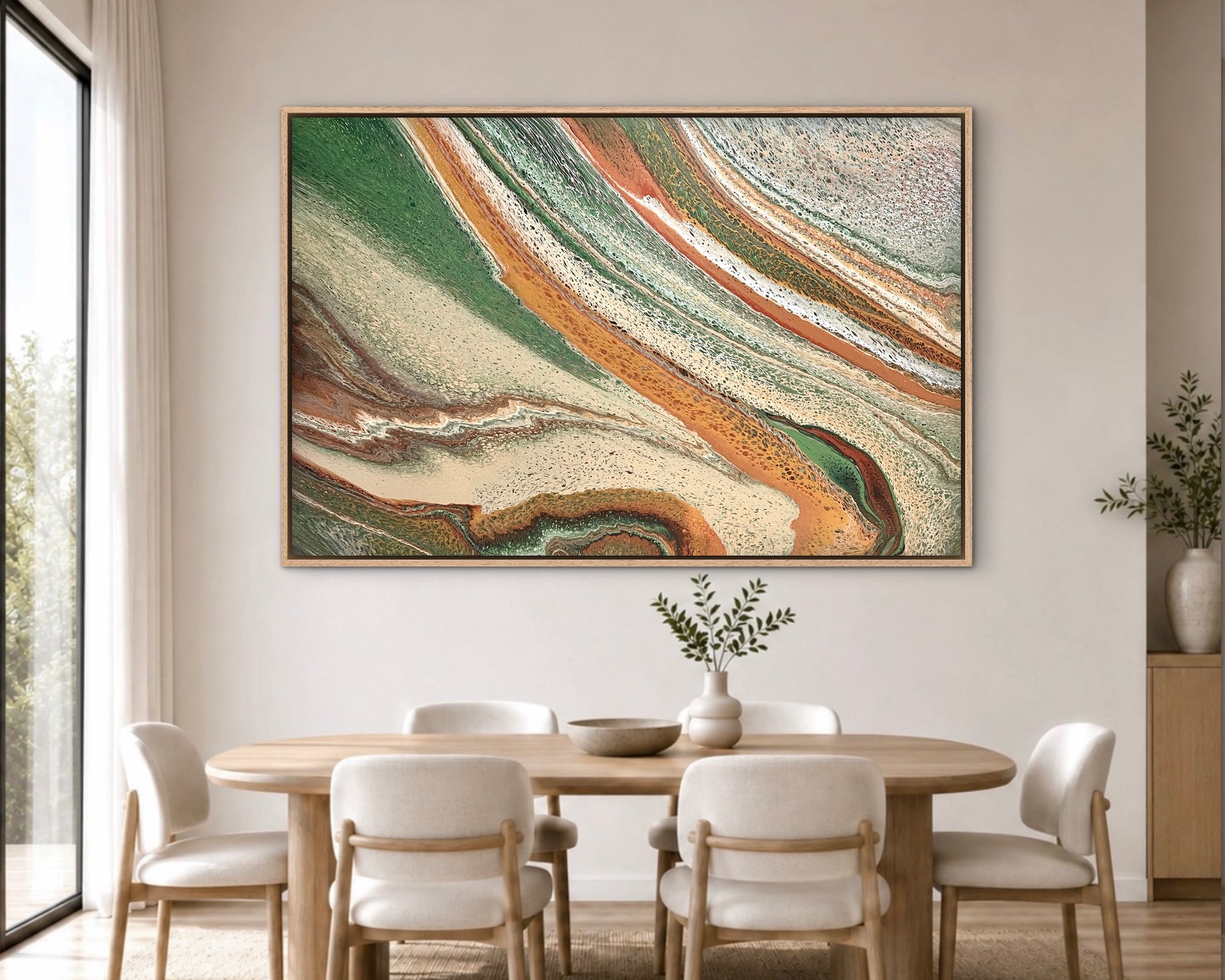 Large Sculpted Plains abstract landscape painting in earthy green and terracotta tones above a light timber dining table

