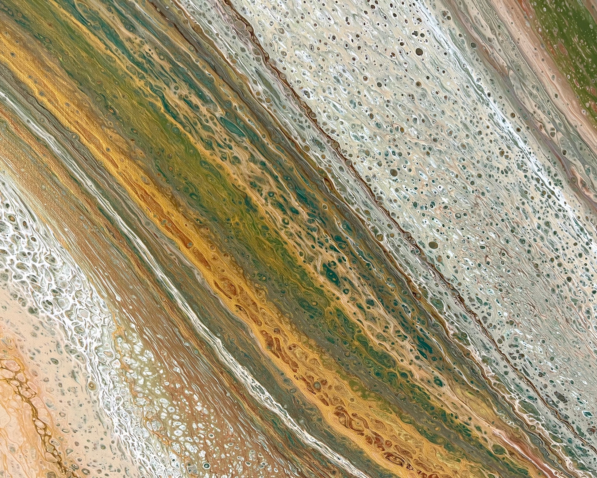 Alt text: Detailed view of Natural Forms showing metallic gold and deep green fluid bands alongside delicate cream cellular lacework
