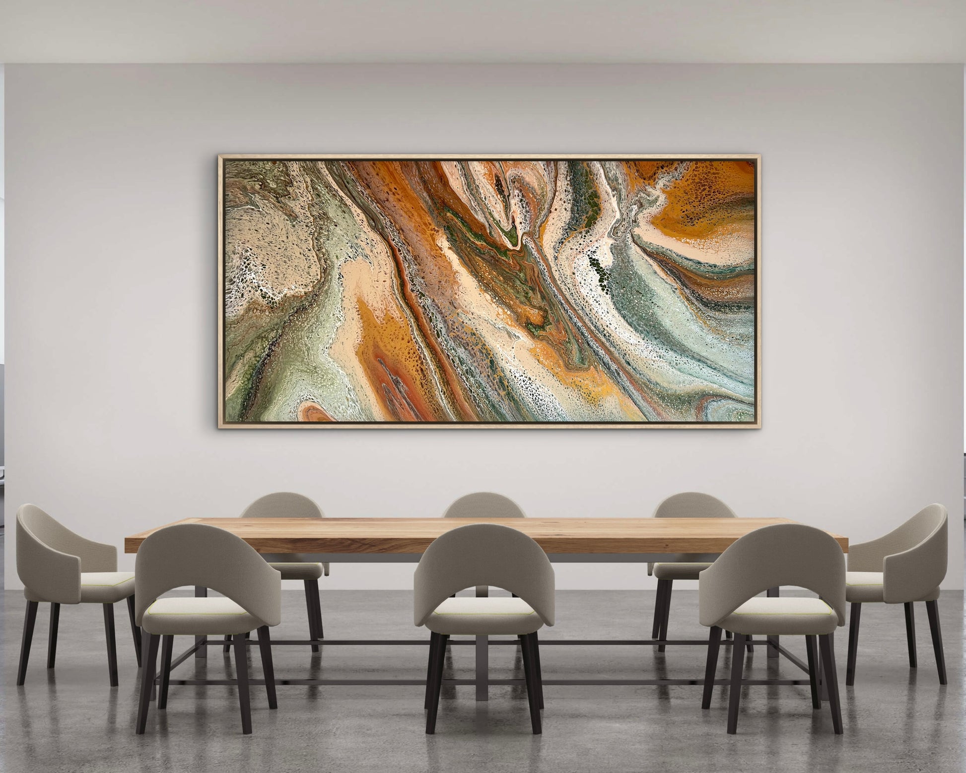 Ancient Terrain large-scale original abstract artwork in ochre and sage green, styled above a boardroom table in a contemporary commercial interior
