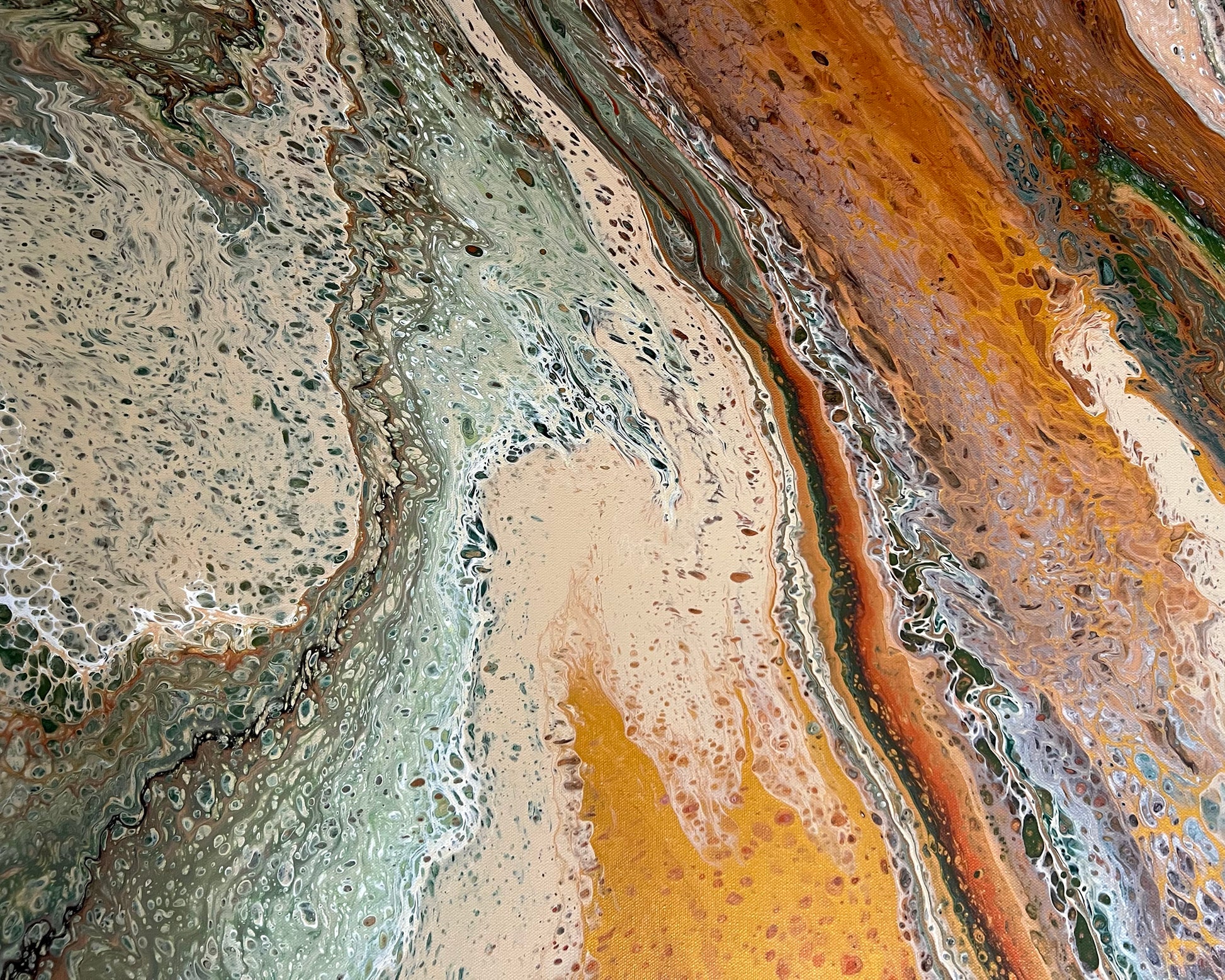 Detailed view of Ancient Terrain, a modern earth-tone abstract painting with flowing ochre, sage green, bronze and cream layers inspired by geological formations