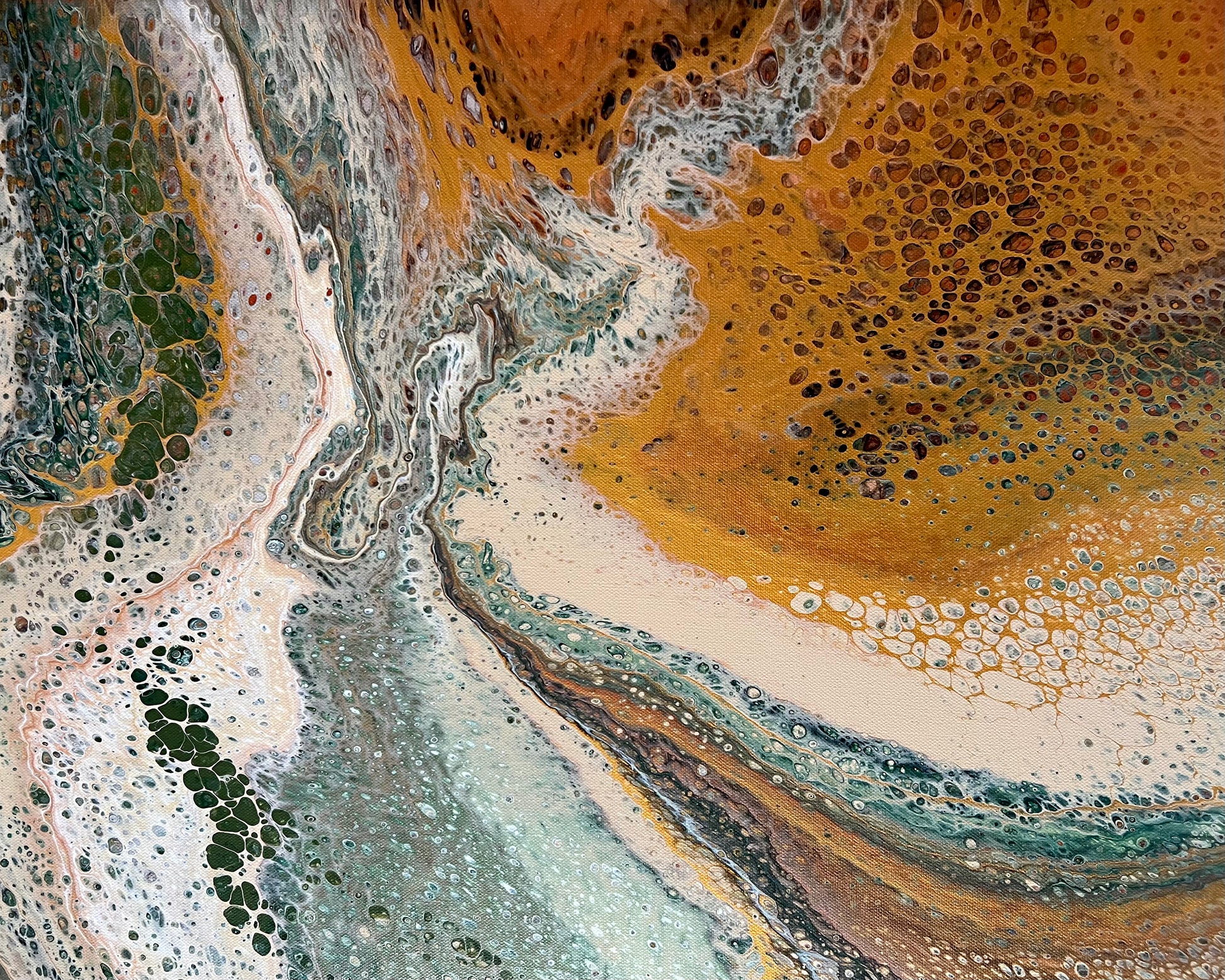 Close-up of Ancient Terrain showing intricate fluid acrylic cells, organic movement and layered gold, sage green, cream and metallic copper.