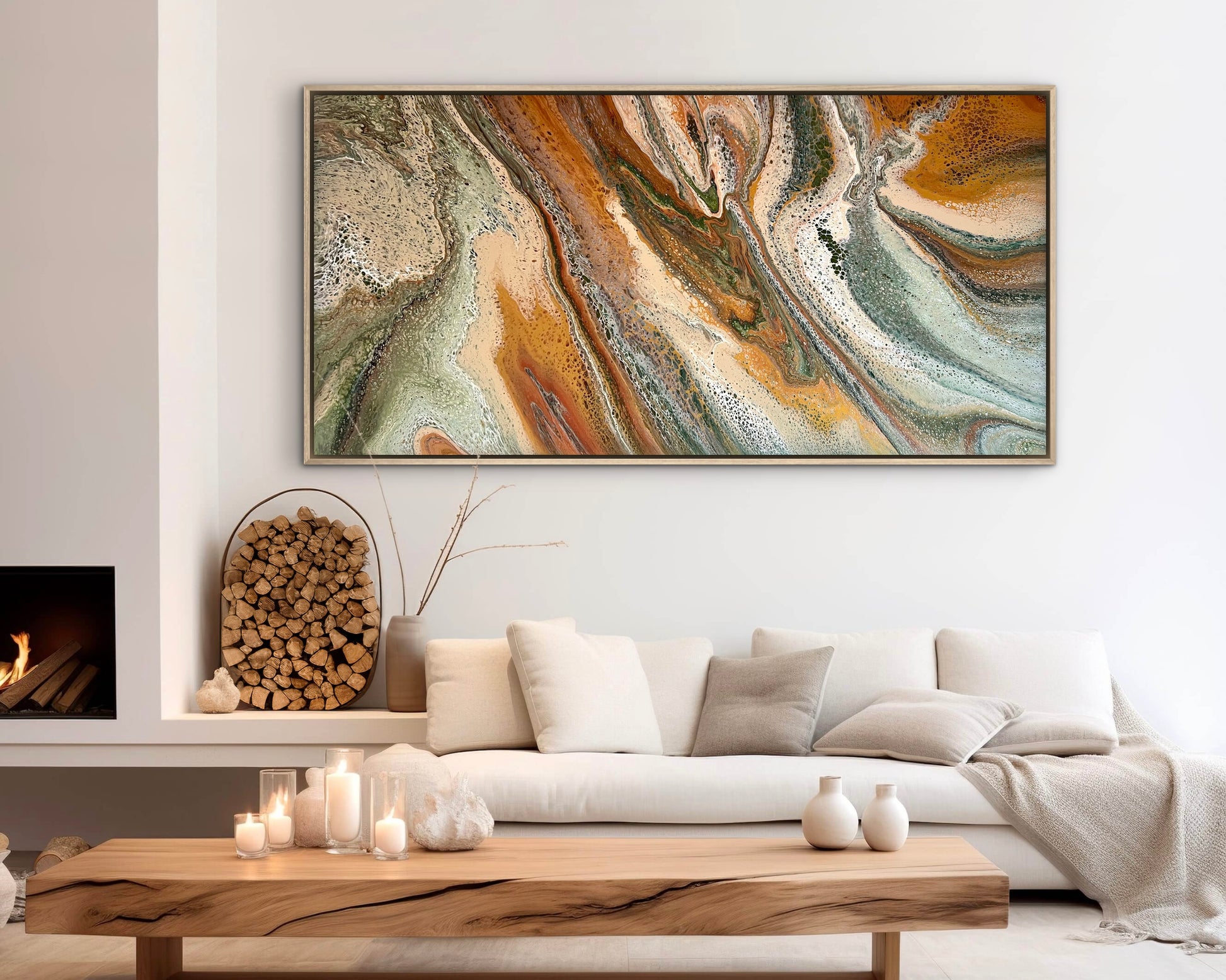 Ancient Terrain original Australian abstract painting in green, gold and warm neutral tones, styled as large wall art above a white sofa