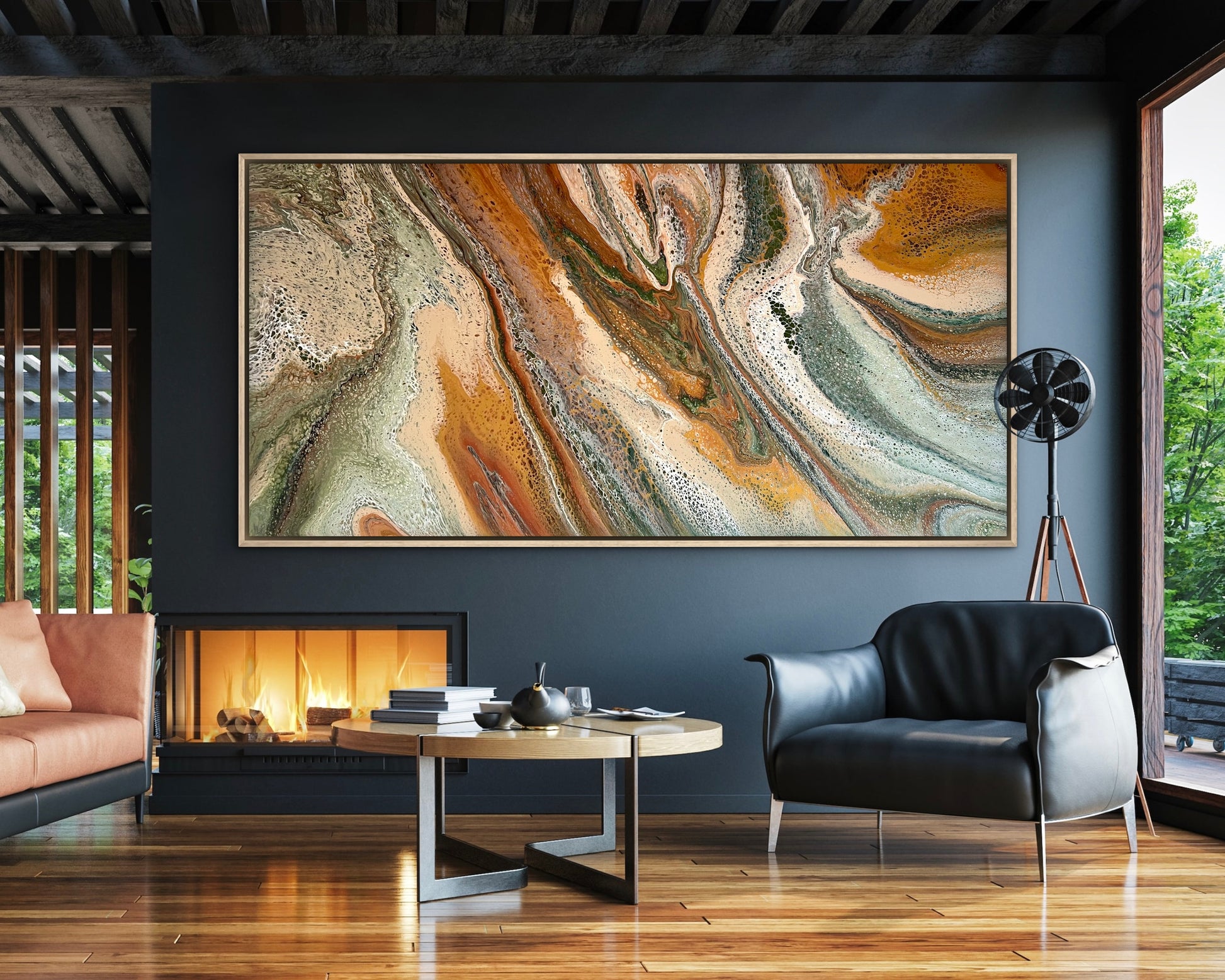 Ancient Terrain large earth-toned original artwork for luxury interiors, styled above a fireplace in a dark contemporary living room