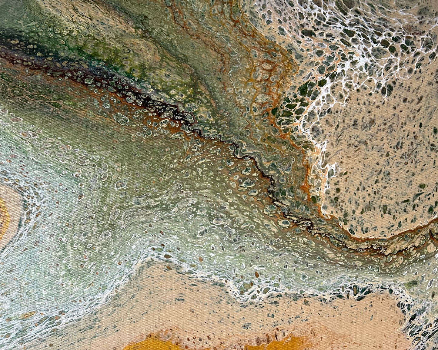 Ancient Terrain nature-inspired abstract art detail in sage green, sandy beige, and bronze, featuring delicate lacing and mineral-like patterns