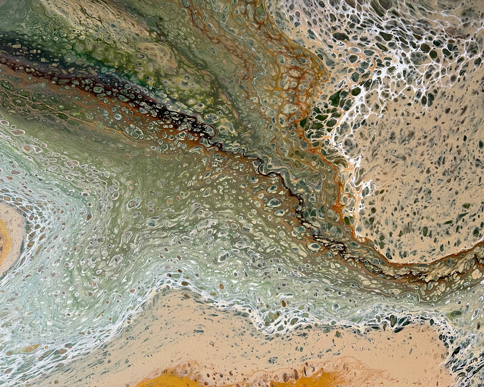Ancient Terrain nature-inspired abstract art detail in sage green, sandy beige, and bronze, featuring delicate lacing and mineral-like patterns