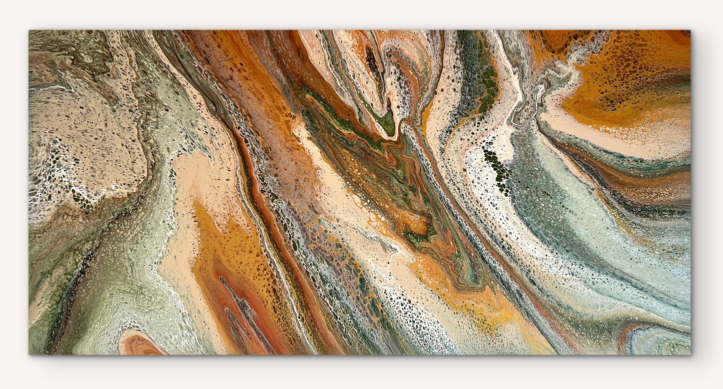 Ancient Terrain oversized contemporary painting on white wall in green, copper and mineral tones, shown unframed on gallery-wrapped canvas ready to hang.