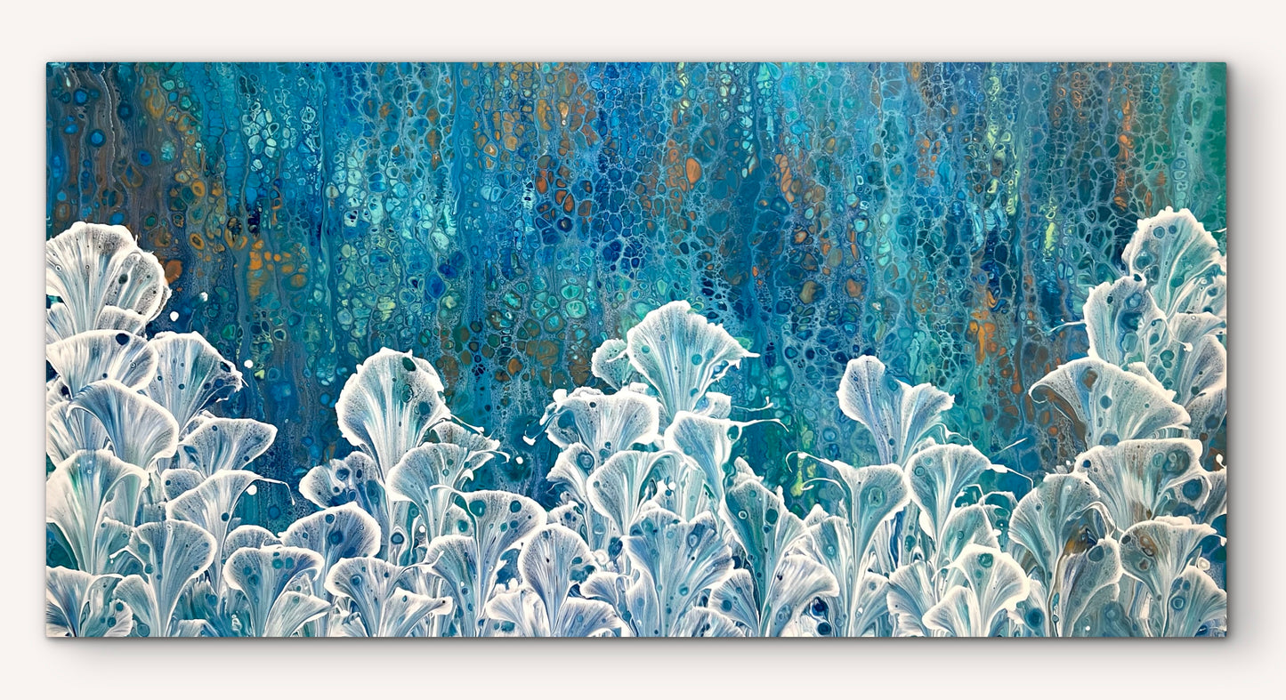 Full view of Azure Valley, an original blue and white calla lily painting on gallery-wrapped canvas, shown unframed and ready to hang