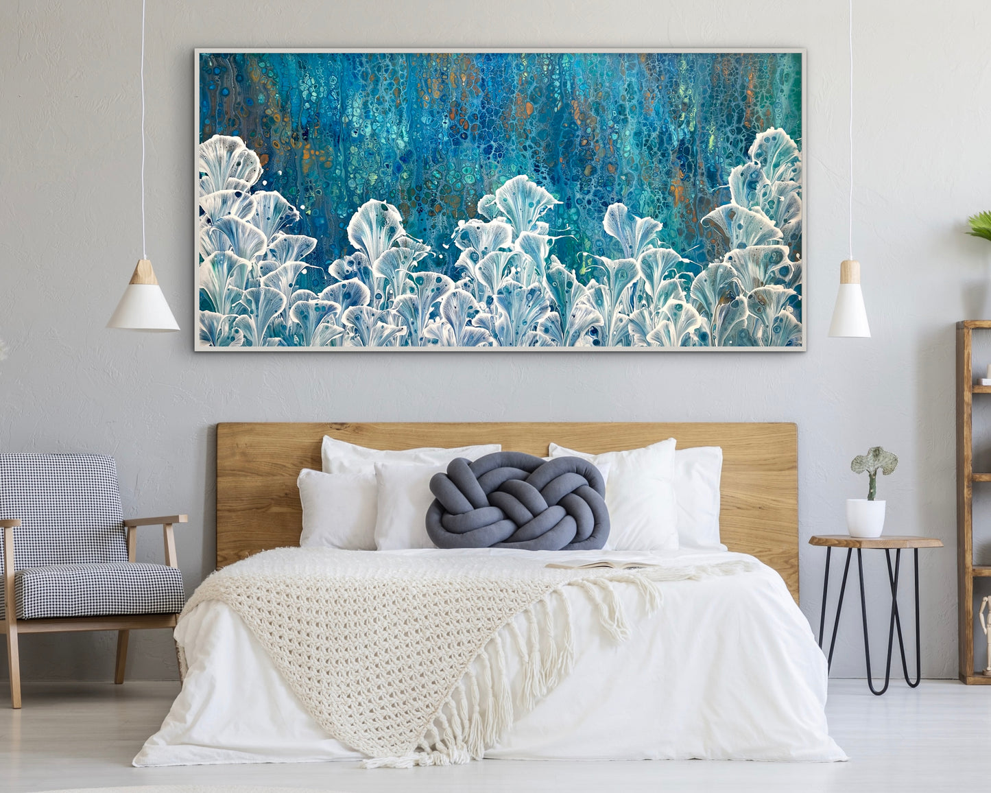 Azure Valley extra-large original blue and white calla lily painting displayed above a timber bed in a bright contemporary bedroom