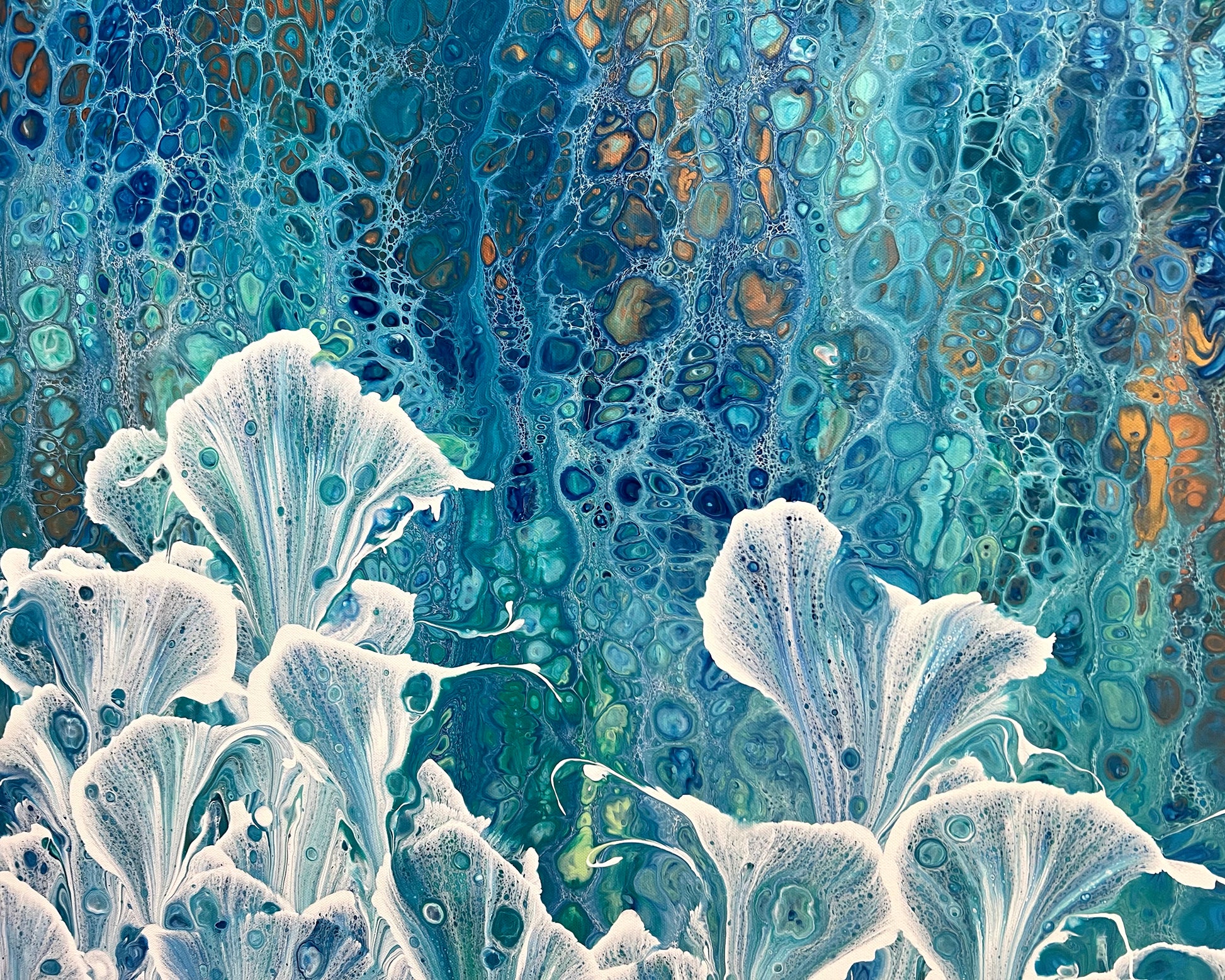 Close-up of Azure Valley showing white abstract calla lilies against layered blue and teal cellular detail with subtle gold accents