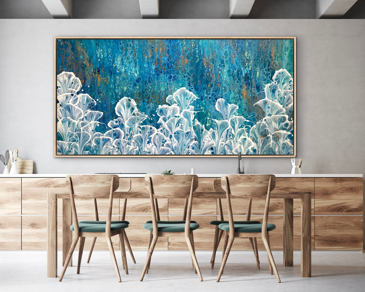 Azure Valley extra-large original blue and white abstract floral painting of calla lilies, displayed above a timber dining table in a contemporary interior