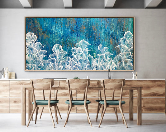 Azure Valley extra-large original blue and white abstract floral painting of calla lilies, displayed above a timber dining table in a contemporary interior