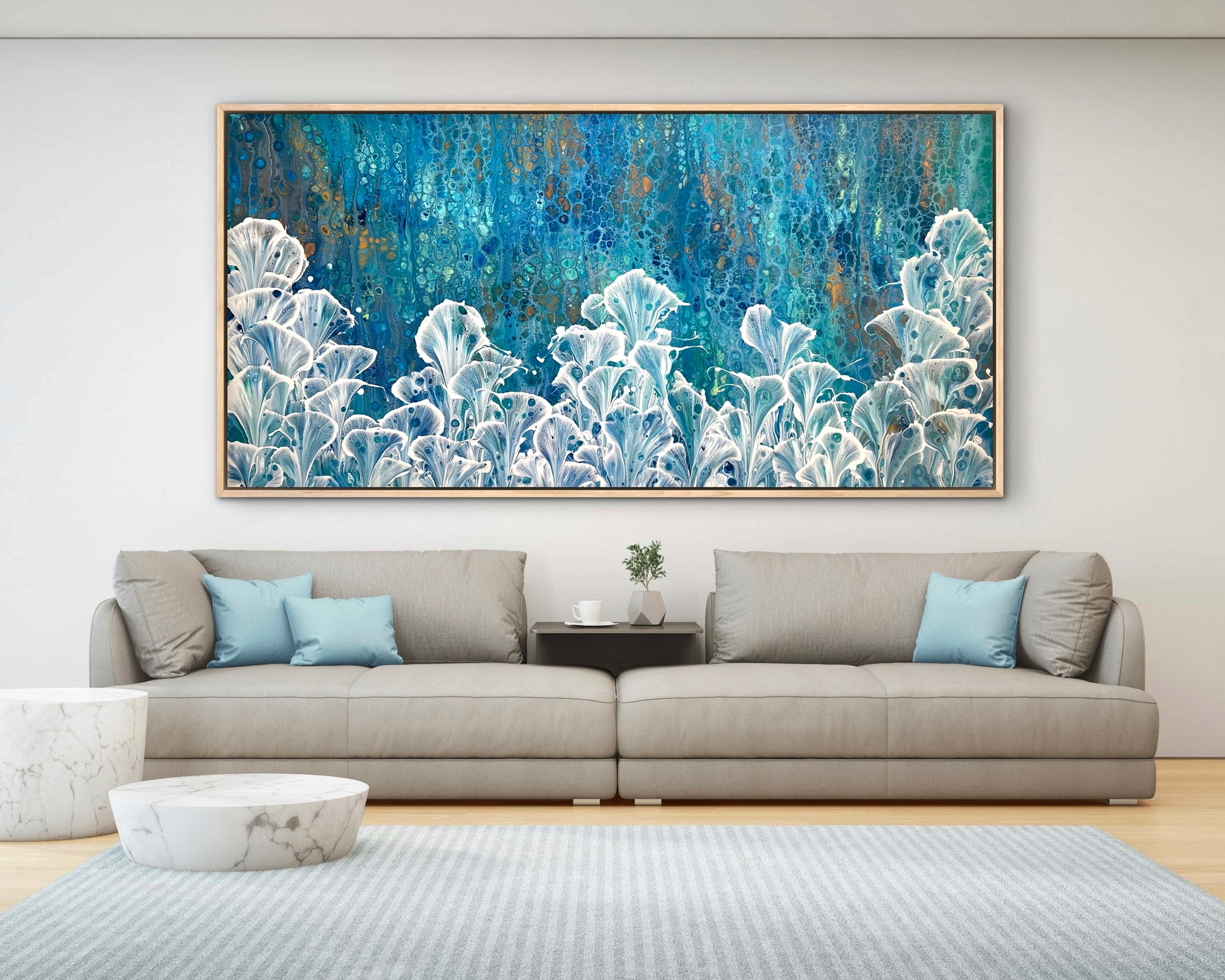 Azure Valley extra-large original blue and white calla lily painting displayed above a pale grey sofa in a contemporary living room