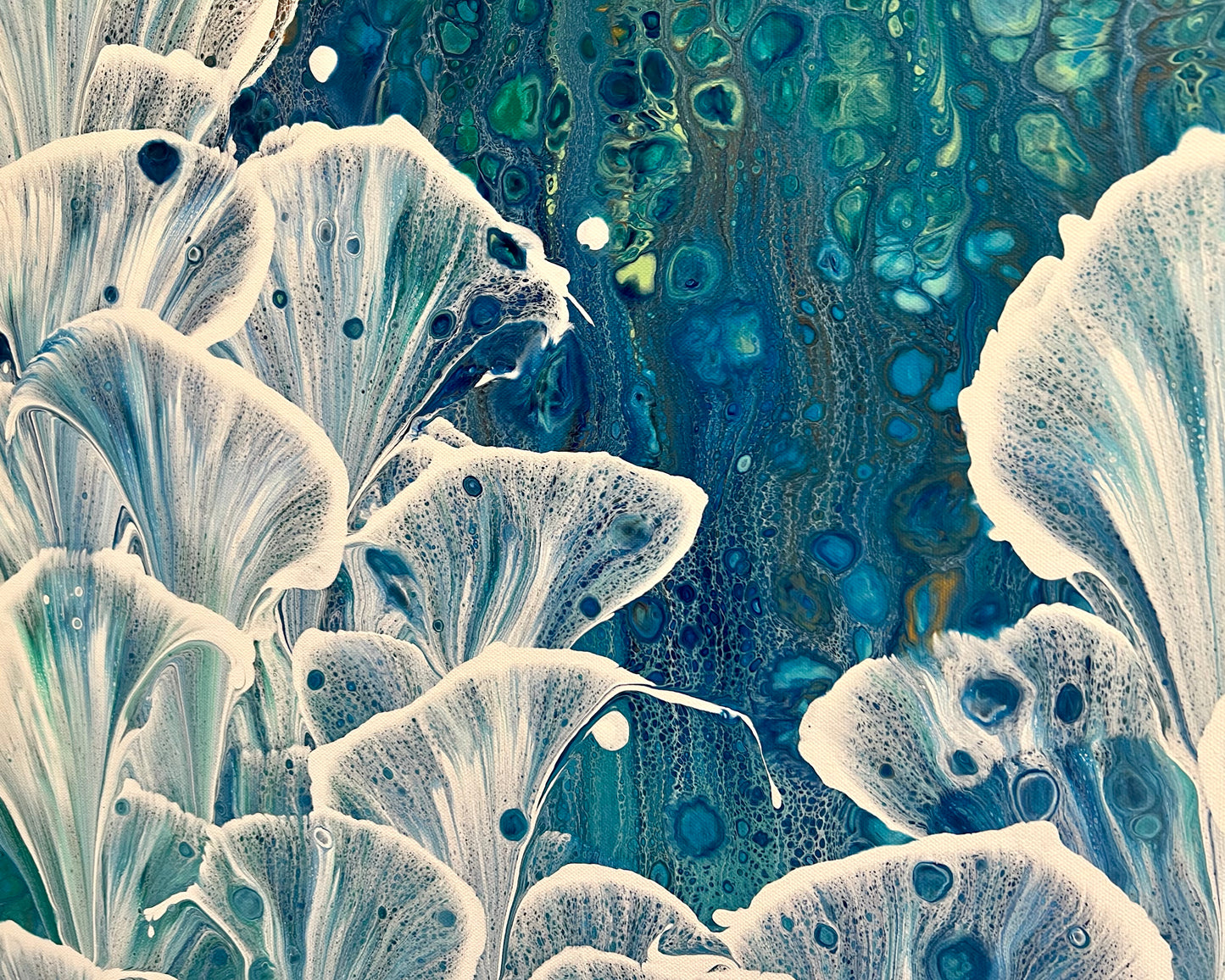 Detailed view of Azure Valley showing abstract white calla lilies with fluid acrylic texture against deep turquoise and blue cellular patterns with subtle gold accents