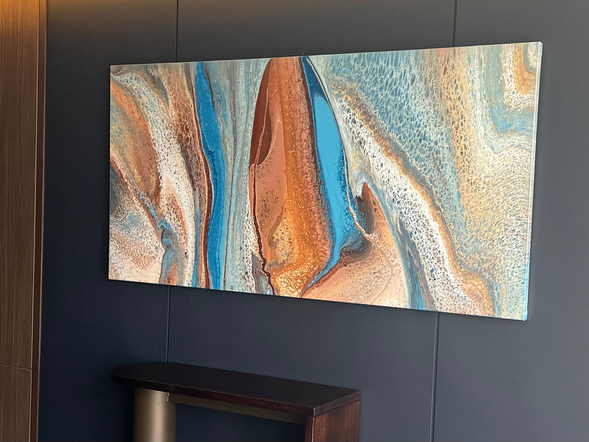Earth’s Lure original abstract painting with vivid turquoise, copper and cream forms, displayed at Novotel Sydney Cabramatta
