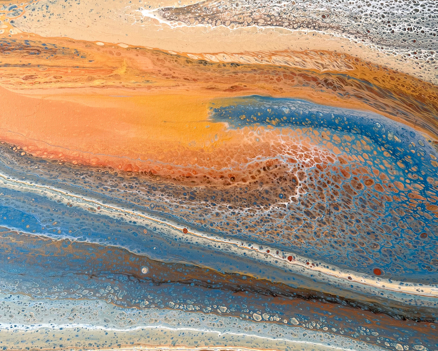 Close-up detail of Exposed Shores showing coastal blue, copper and cream layers with intricate lacework and organic cells
