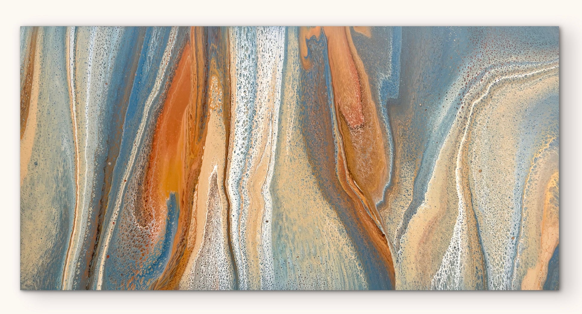 Full view of Exposed Shores, an oversized original abstract painting with flowing coastal blue, copper, sand and cream cellular detail