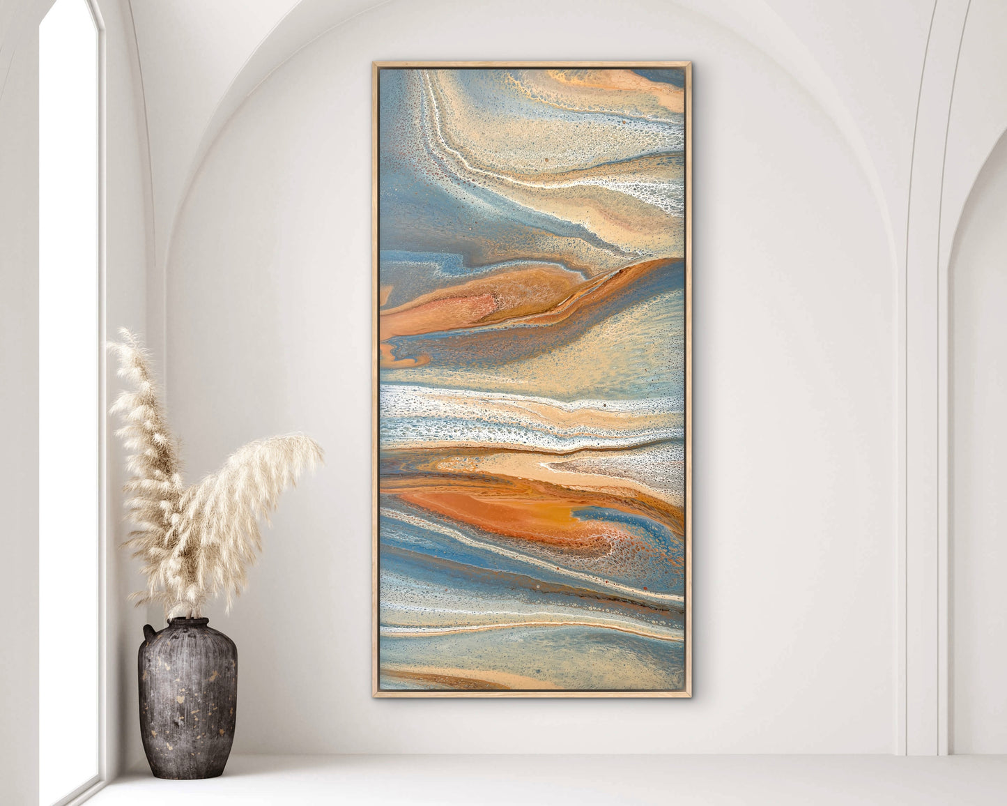 Exposed Shores oversized original abstract painting displayed vertically, featuring coastal blue, copper, sand and cream organic layers