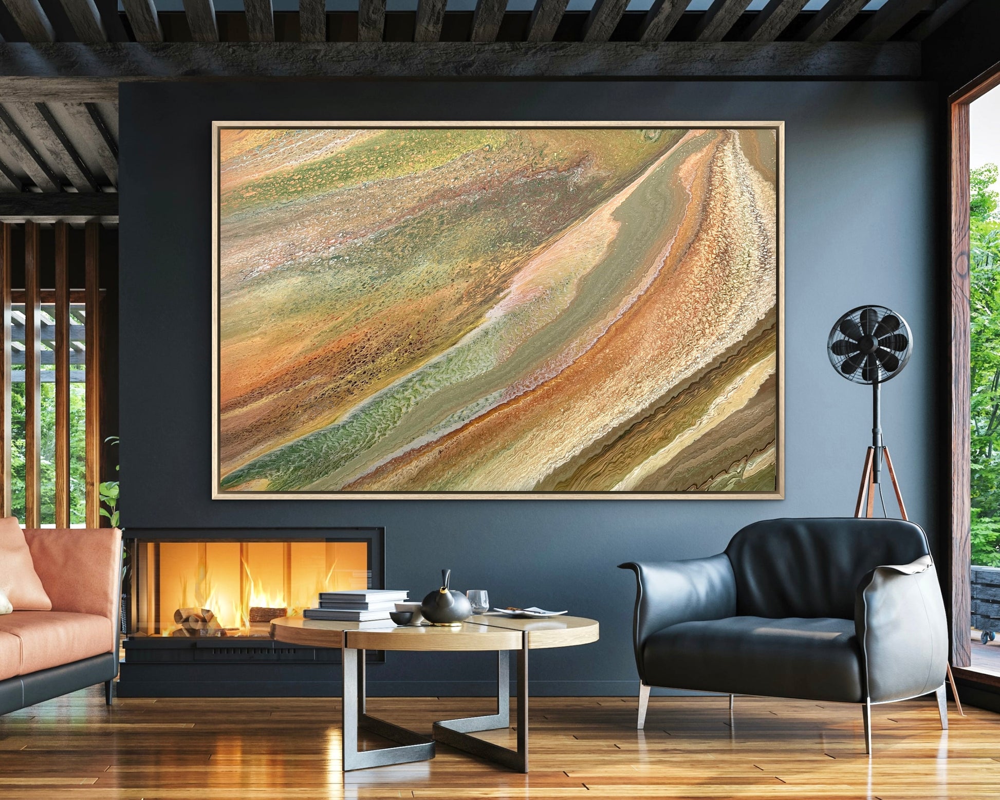 Grounded Light large abstract landscape painting in sage green, tan and gold, displayed above a fireplace in a dark architectural living room