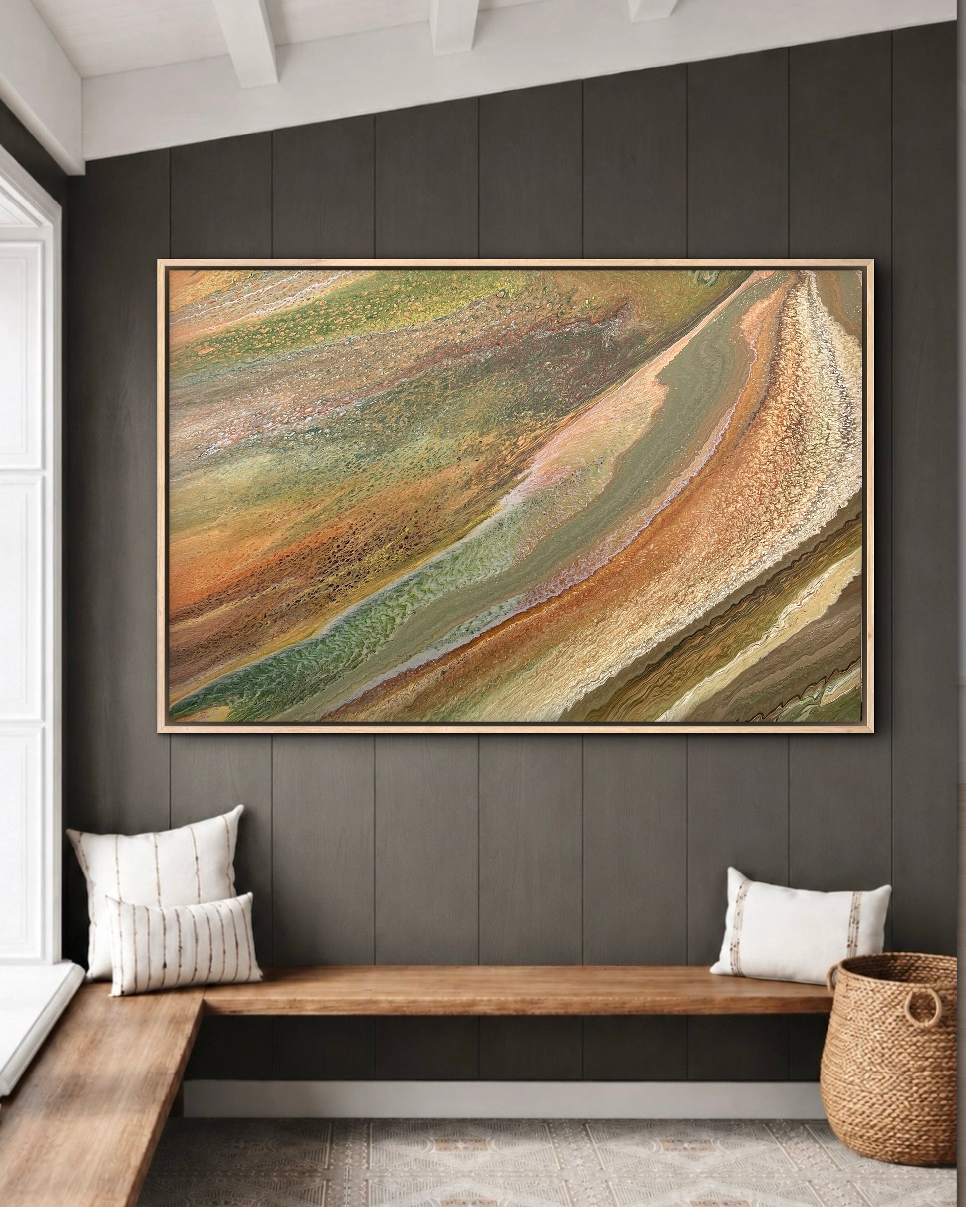Grounded Light green and gold original abstract painting displayed above a timber bench on a dark panelled wall in a modern entryway