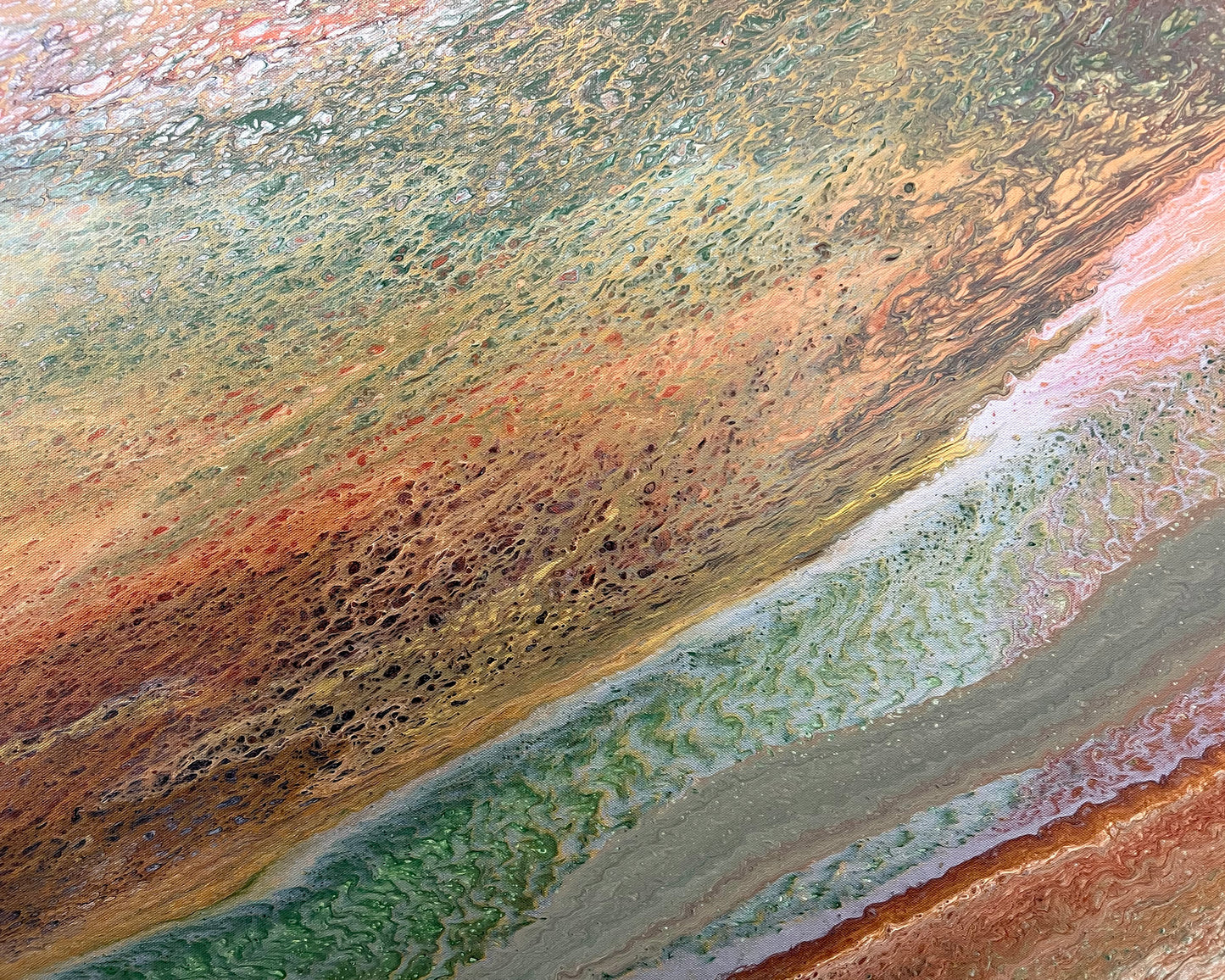 Close-up of Grounded Light original abstract painting showing forest green, rose gold and soft grey, with delicate cells and shimmering metallic detail