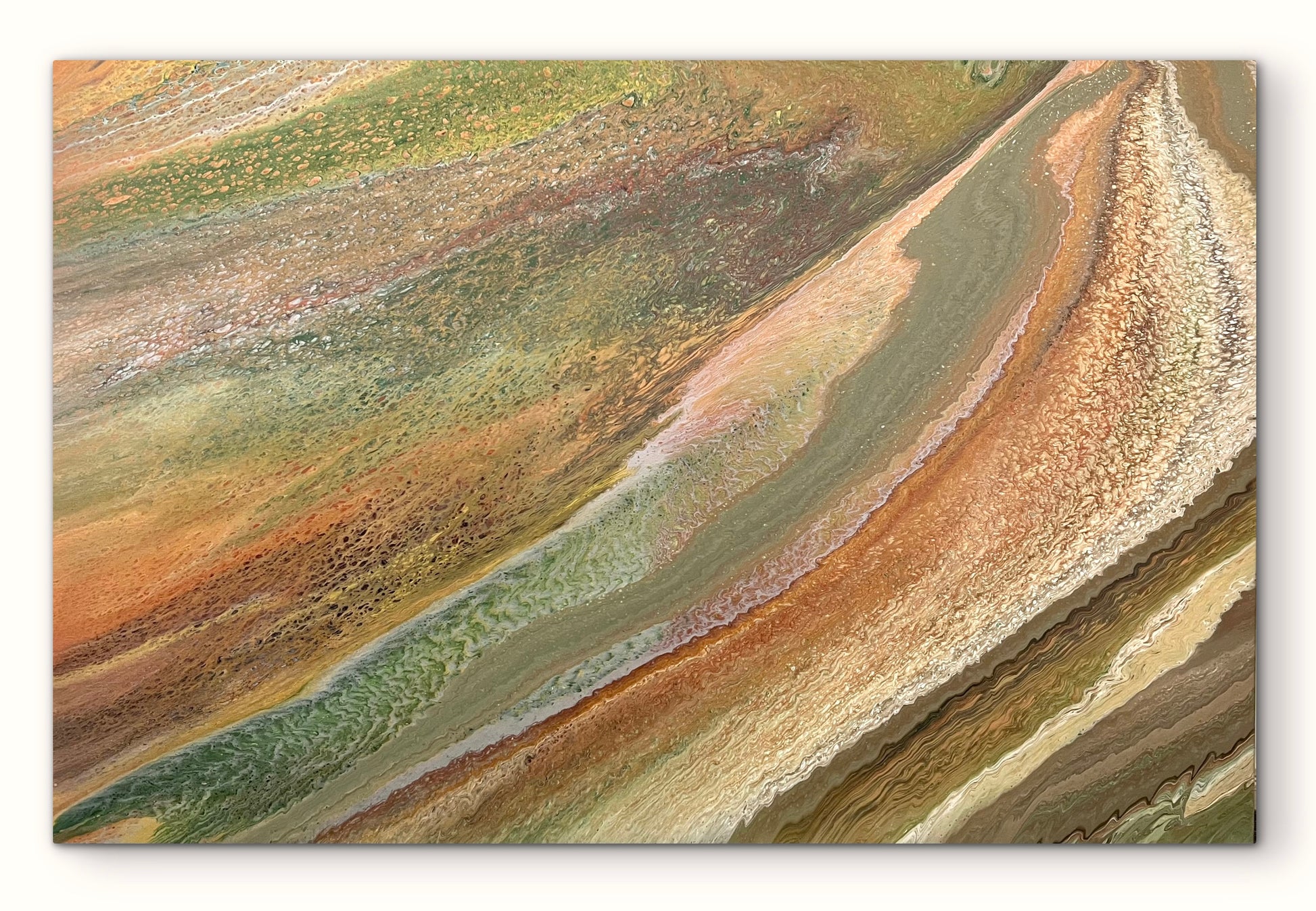 Full view of Grounded Light, a nature-inspired original canvas in sage green, copper, blush and gold, shown unframed, stretched and ready to hang
