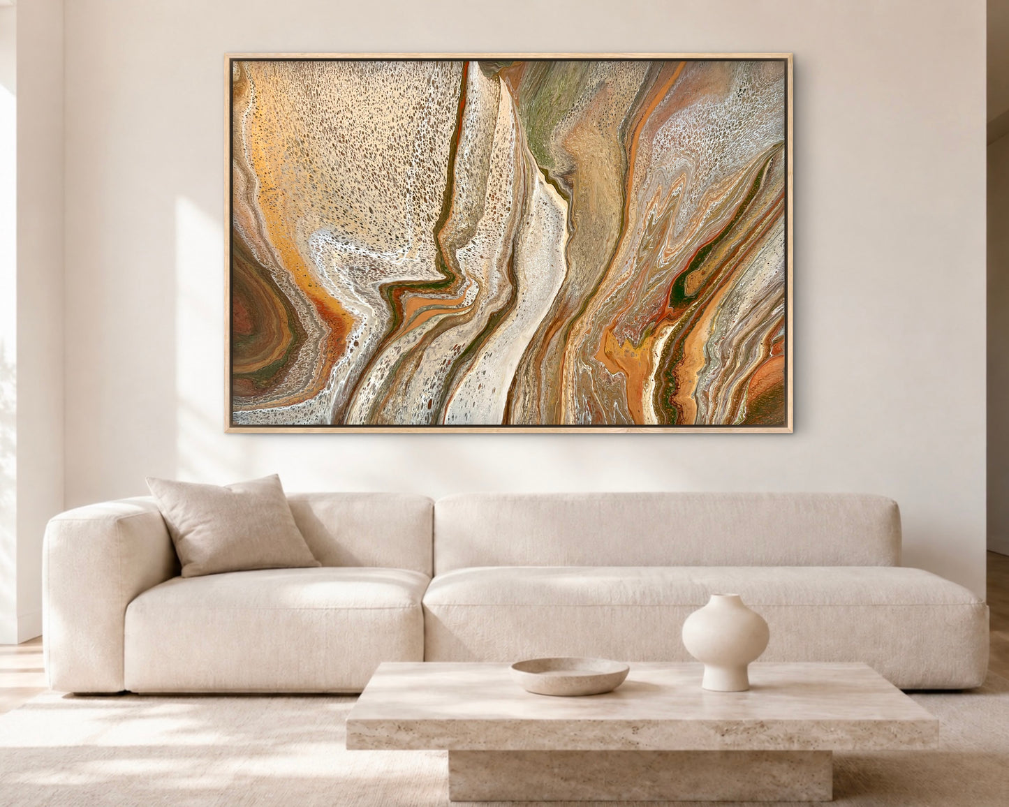 Mineral Divide large original canvas painting in bronze, cream and olive, styled above a beige sofa in a light neutral living room