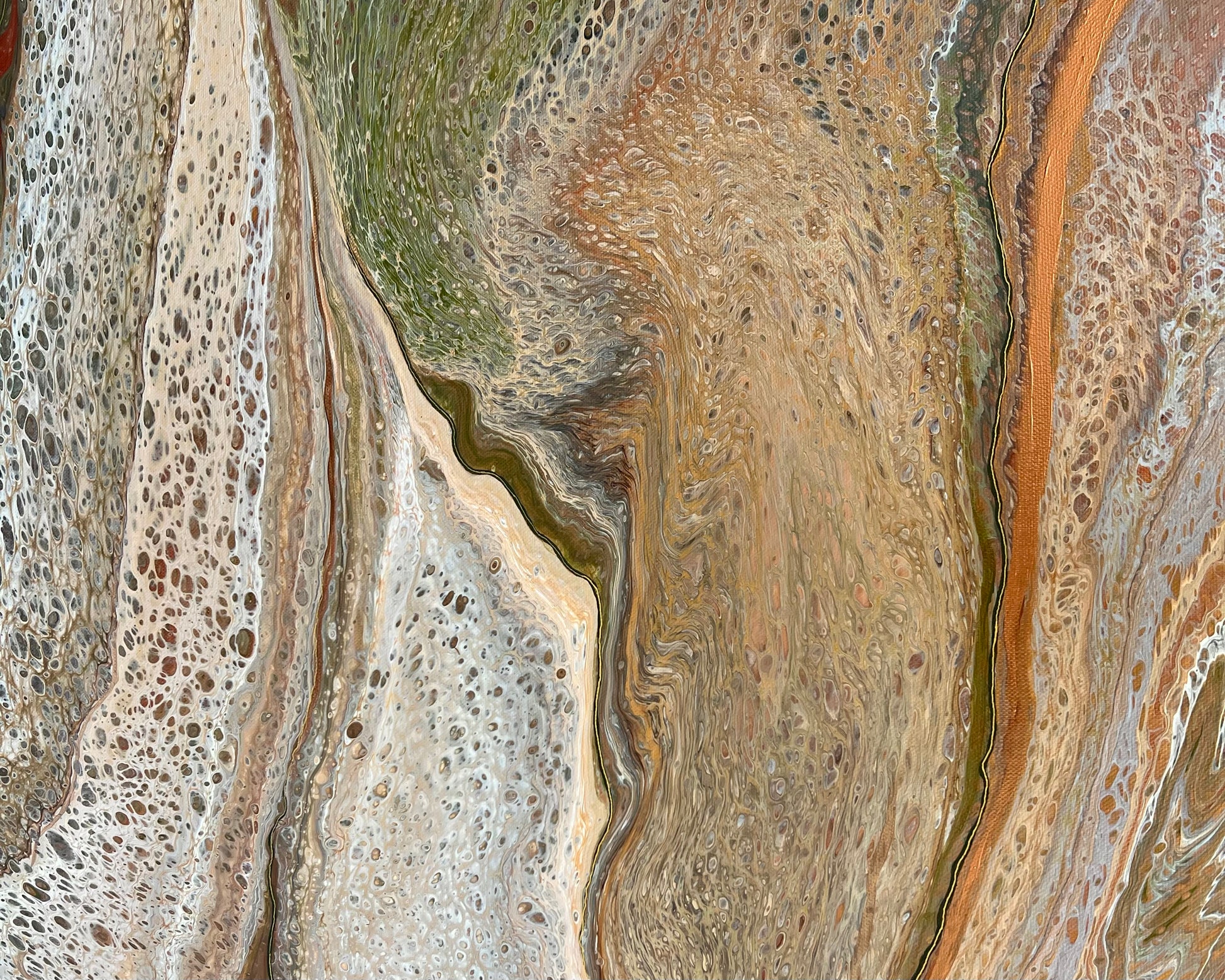 Close-up of Mineral Divide original acrylic artwork showing cream, tan, olive and burnt orange, intricate cellular detail and softly marbled movement