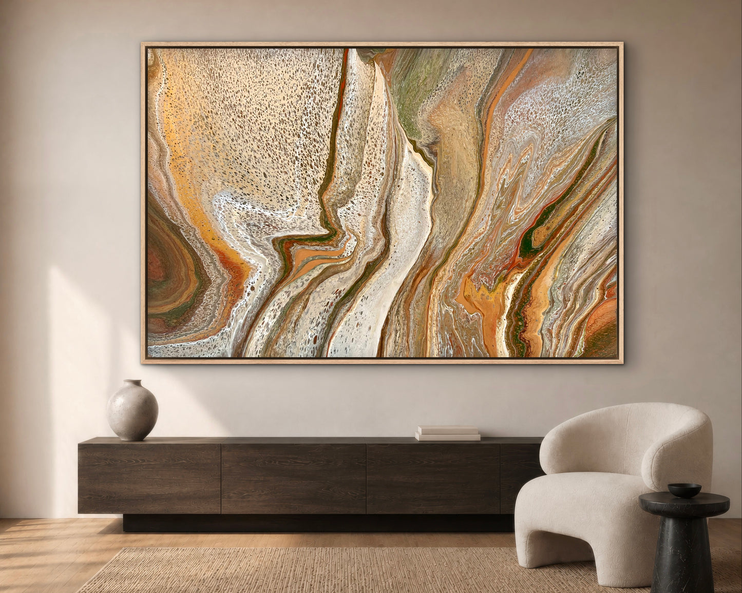 Mineral Divide oversized original artwork in warm neutrals and olive green, creating a statement above a dark timber sideboard in a contemporary interior