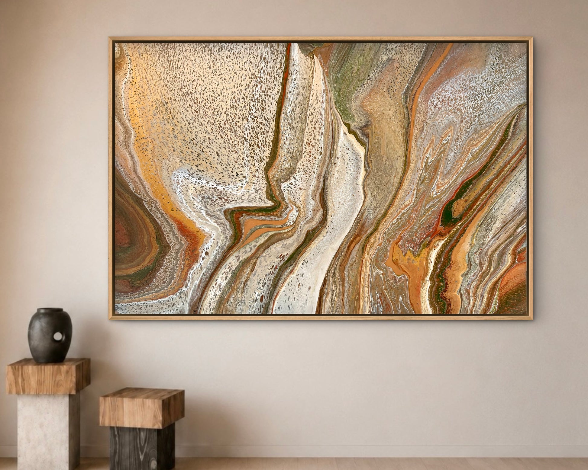 Mineral Divide one-of-a-kind abstract statement artwork in bronze, cream and olive, displayed in an oak frame against a neutral gallery-style wall