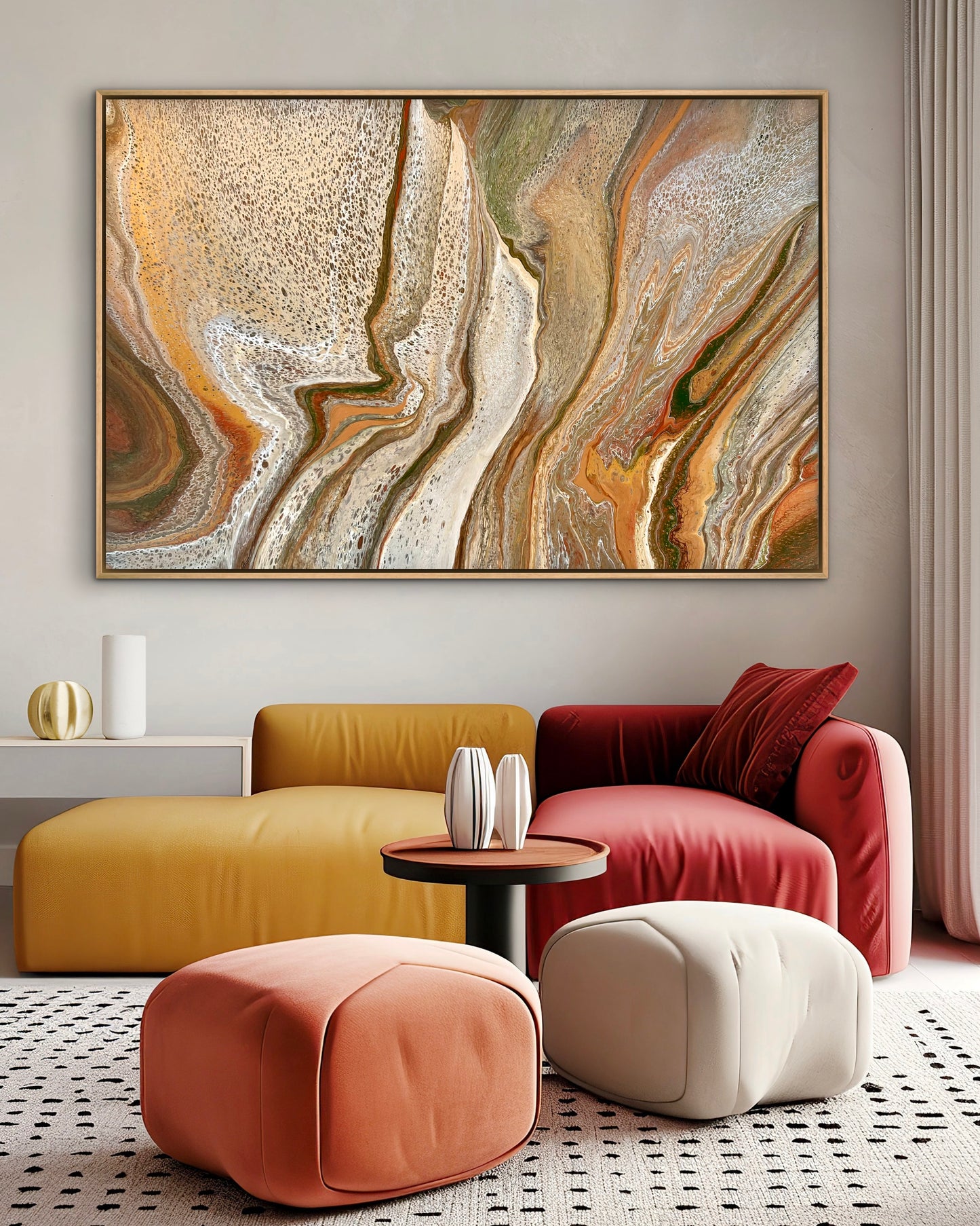 Mineral Divide contemporary statement painting in bronze, cream and olive, styled with mustard and red seating in a colourful eclectic living room