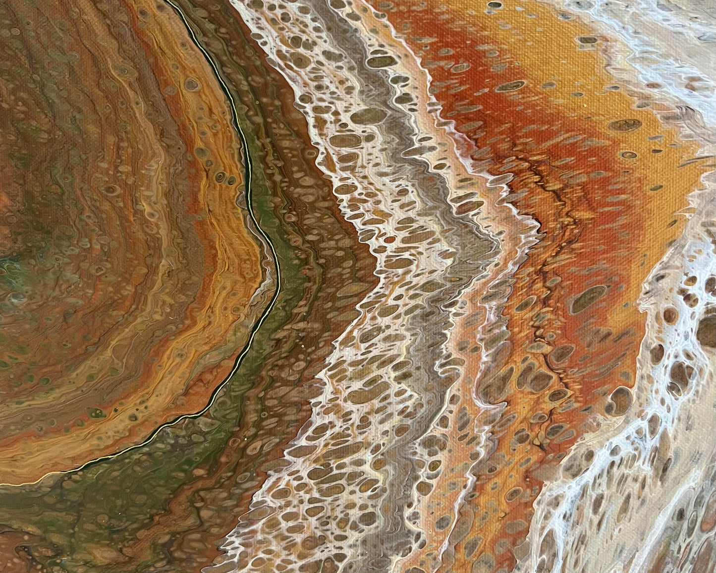 Detail of Mineral Divide textured abstract painting with rust orange, olive green and cream layers, intricate lacing and flowing organic lines
