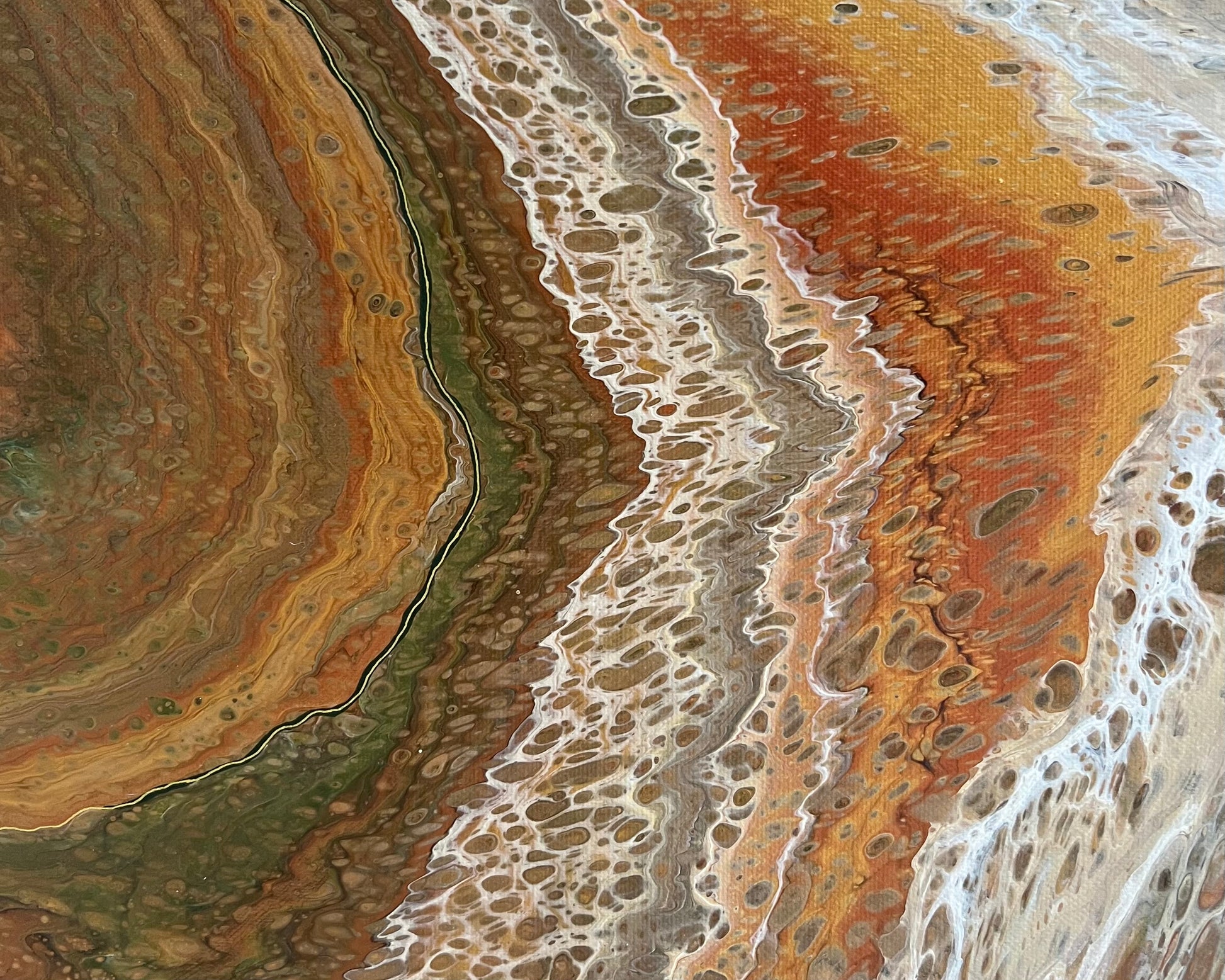 Detail of Mineral Divide textured abstract painting with rust orange, olive green and cream layers, intricate lacing and flowing organic lines
