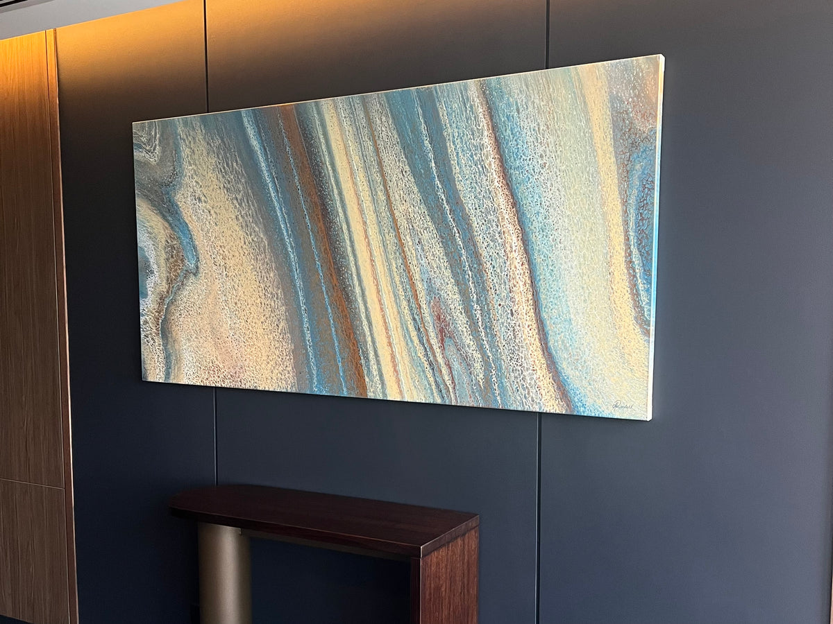 Mineral Sands abstract painting with vertical flows of blue, cream and sandy neutrals, installed at Novotel Sydney Cabramatta

