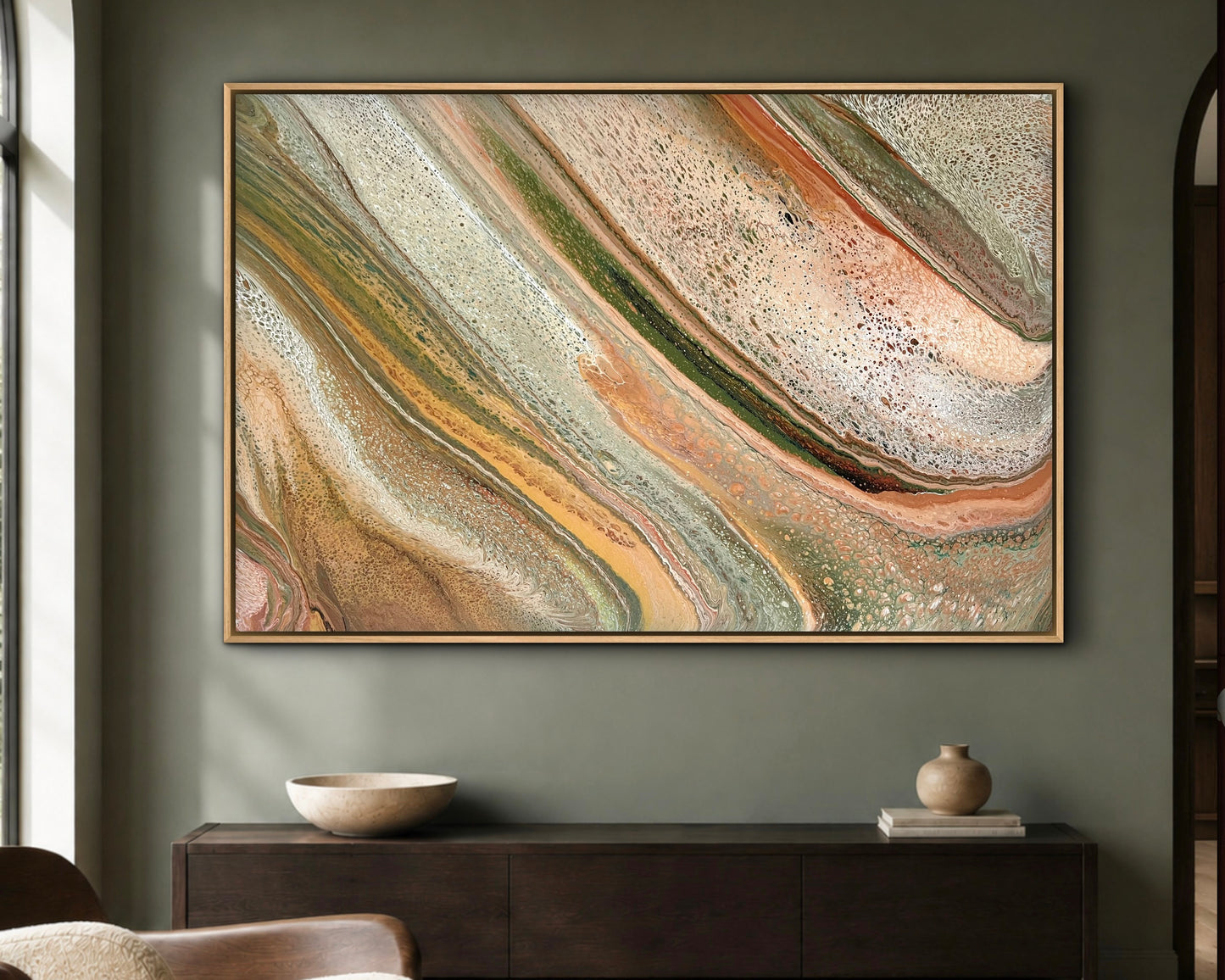 Natural Forms extra-large original earthy abstract painting in sage green, blush, copper and cream, displayed above a dark timber console in a contemporary interior