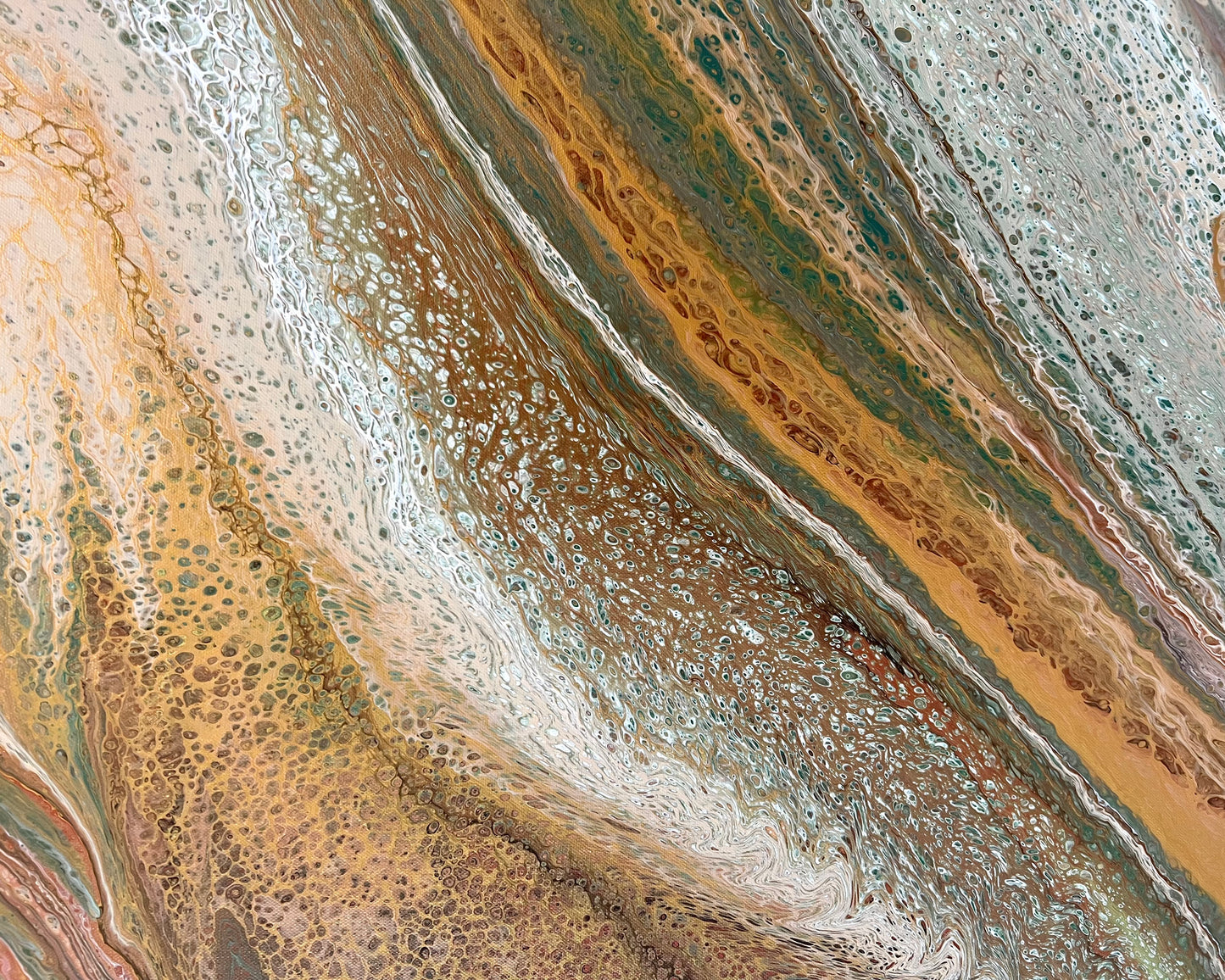 Close-up of Natural Forms showing intricate fluid acrylic cells and layered sage green, bronze, cream and soft blush detail