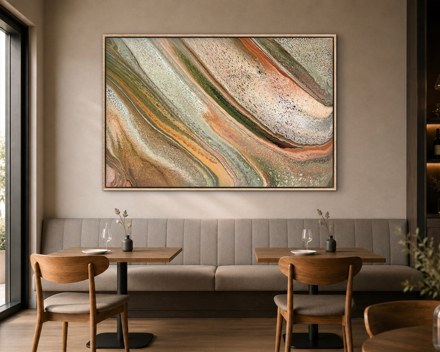 Natural Forms extra-large original abstract painting in sage, copper and cream, displayed in a warm contemporary restaurant interior