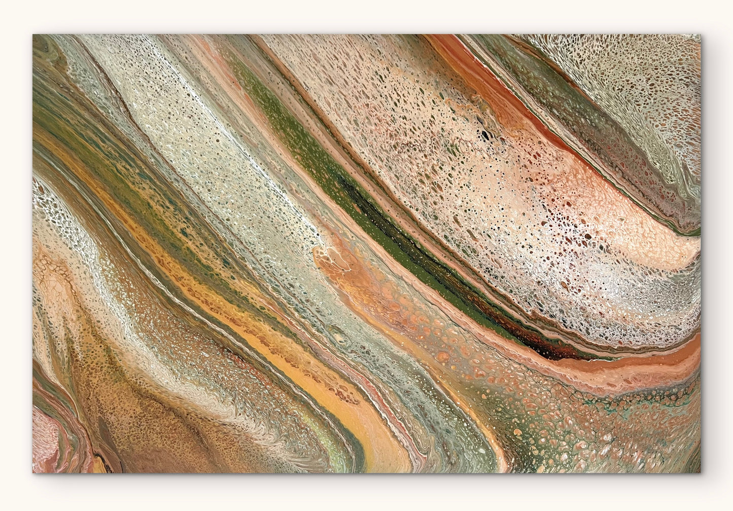 Full view of Natural Forms, an extra-large original fluid acrylic painting with sweeping sage green, blush, copper and cream cellular patterns