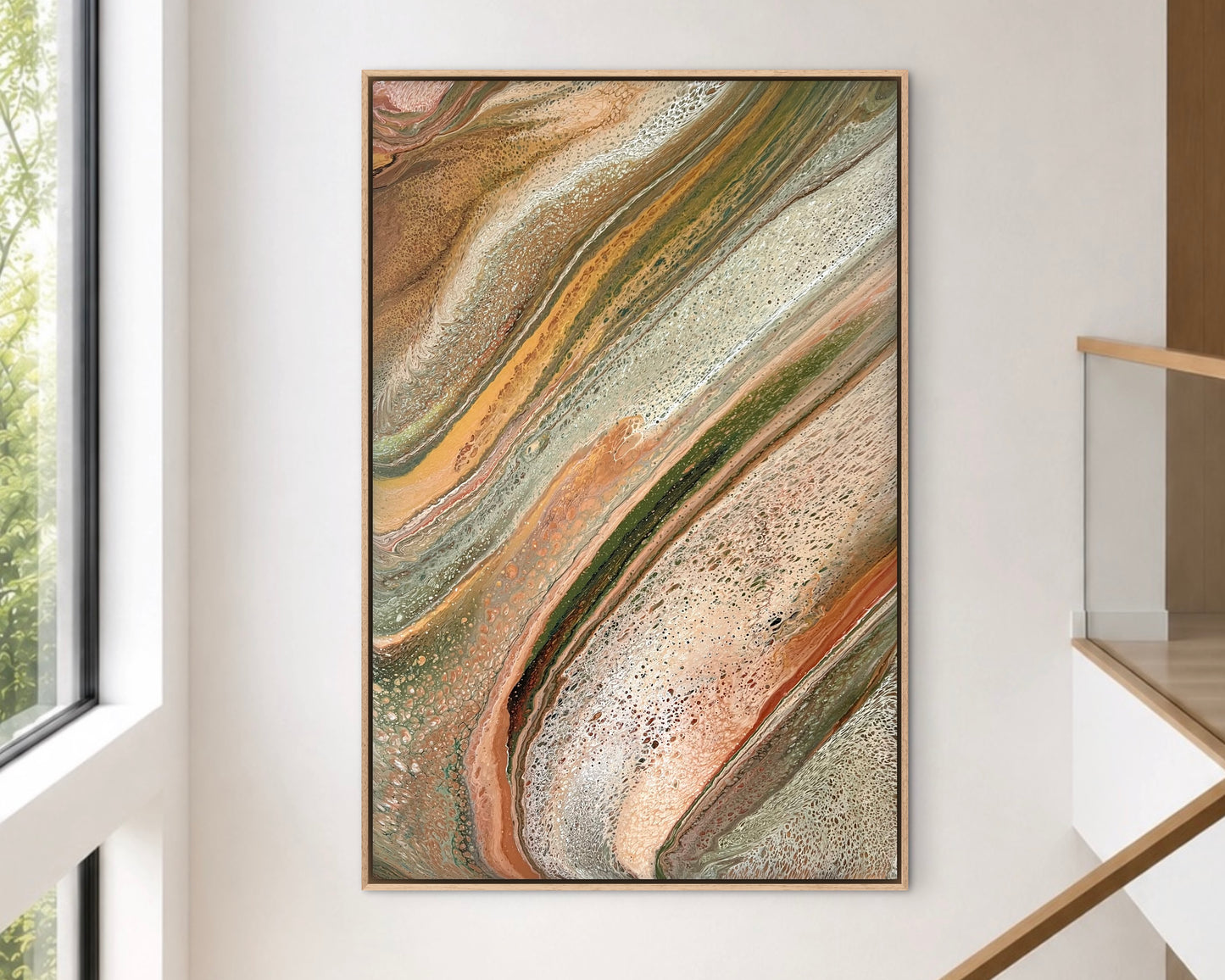 Natural Forms extra-large original abstract painting displayed vertically, with flowing sage green, bronze, cream and peach detail