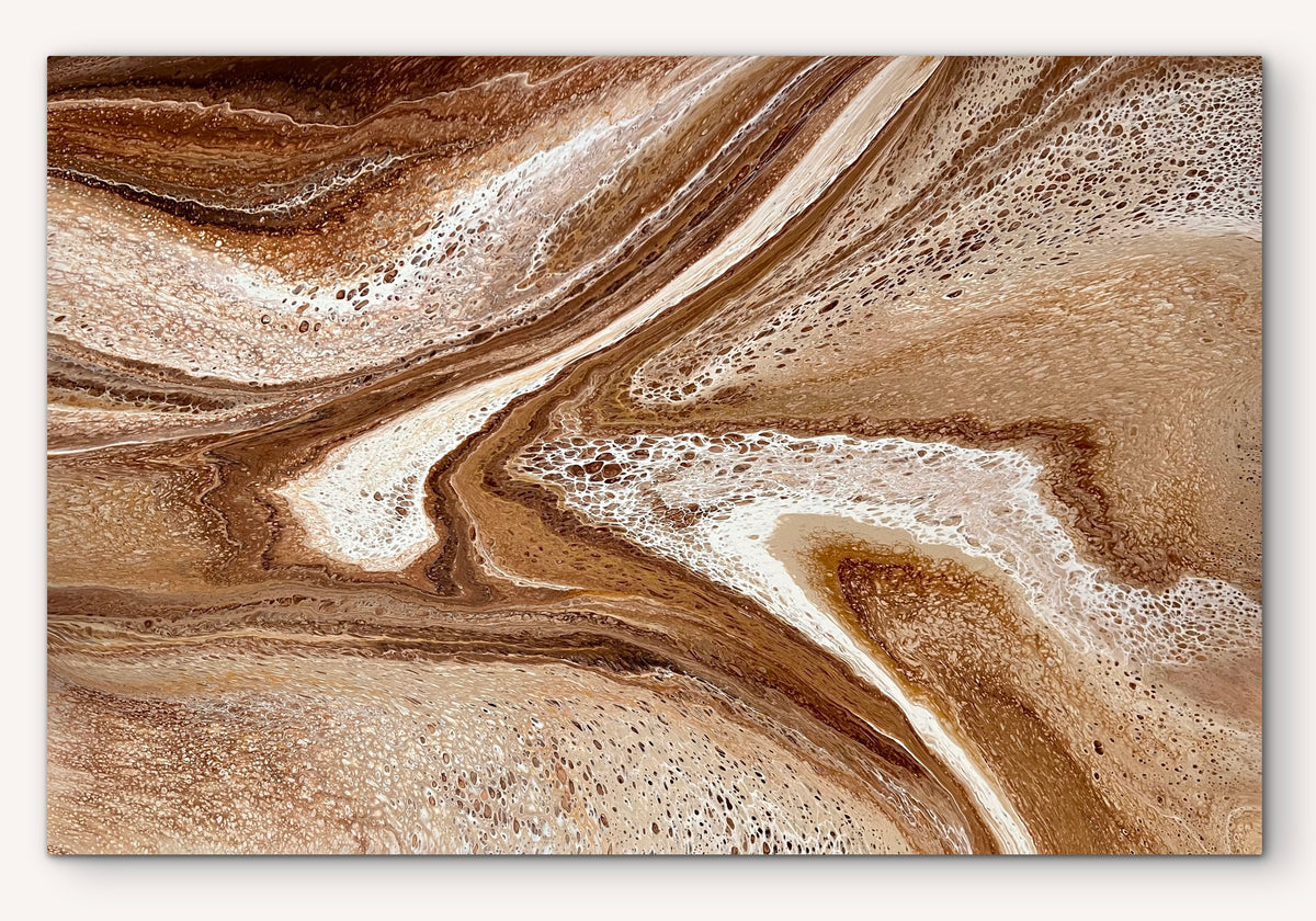 Restless Terrain original brown abstract painting with flowing cream, sand and subtle metallic gold and bronze details
