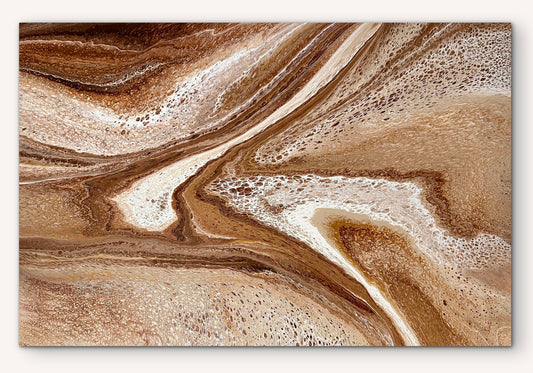 Restless Terrain original brown abstract painting with flowing cream, sand and subtle metallic gold and bronze details
