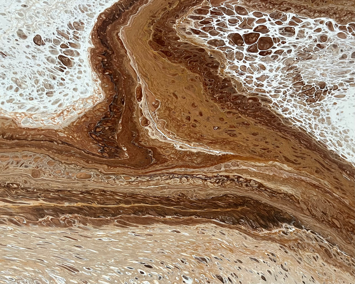 Close-up of Restless Terrain showing layered fluid acrylic details in warm brown, cream, gold and bronze
