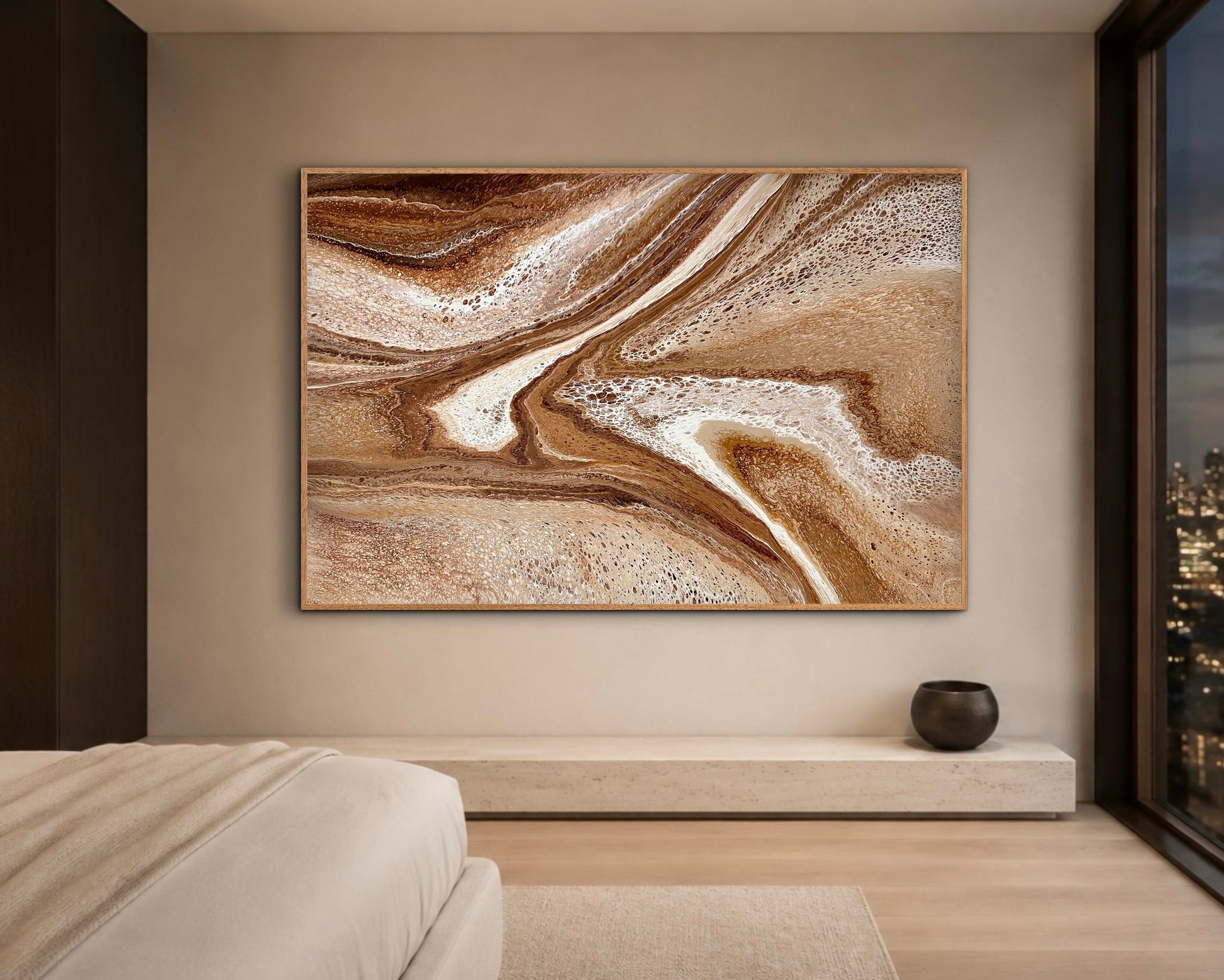 Restless Terrain modern brown abstract landscape painting displayed in a softly lit contemporary bedroom
