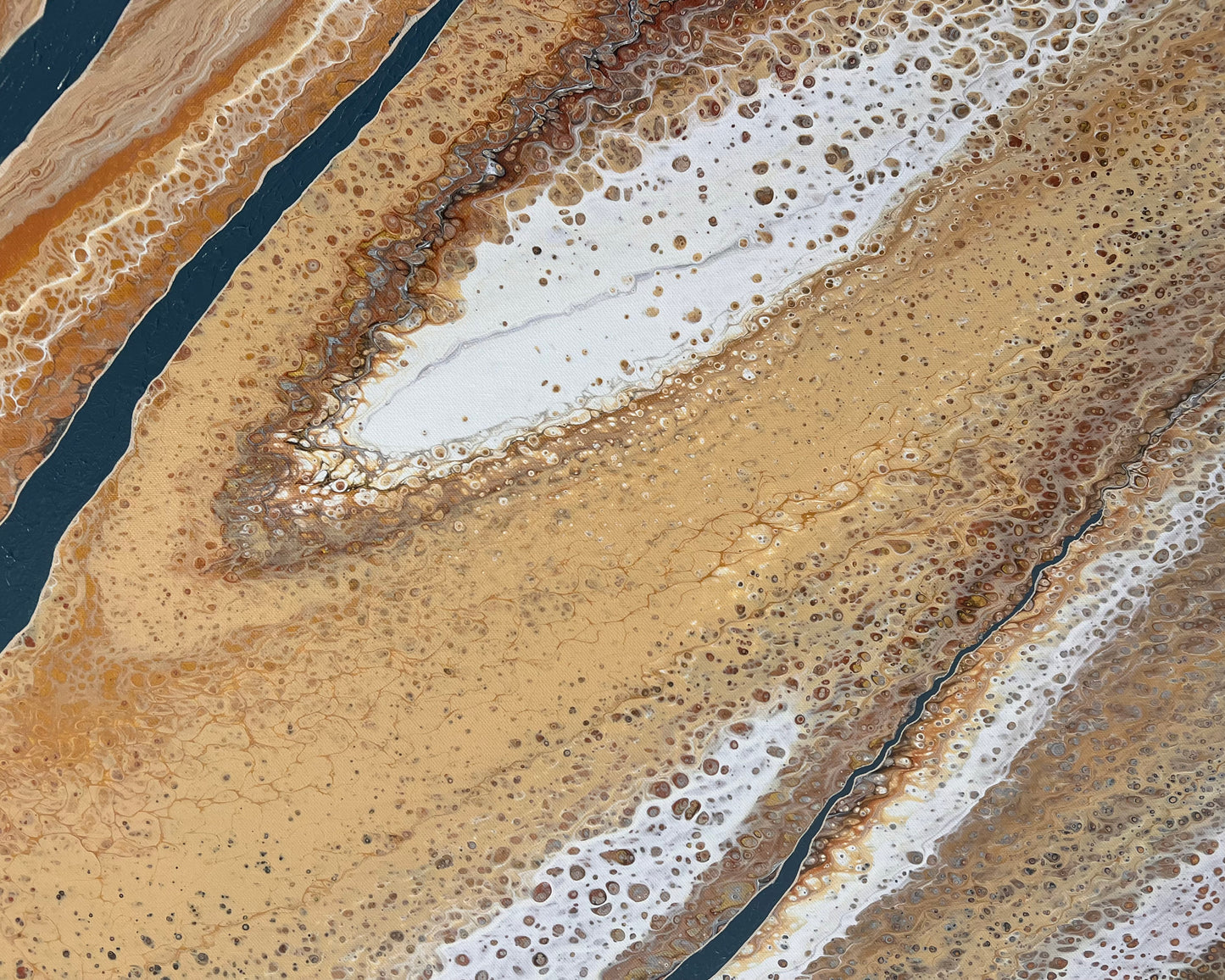 Close-up of Rivers Divide showing layered gold, bronze and white fluid detail with deep blue hand-painted linework and intricate cellular texture