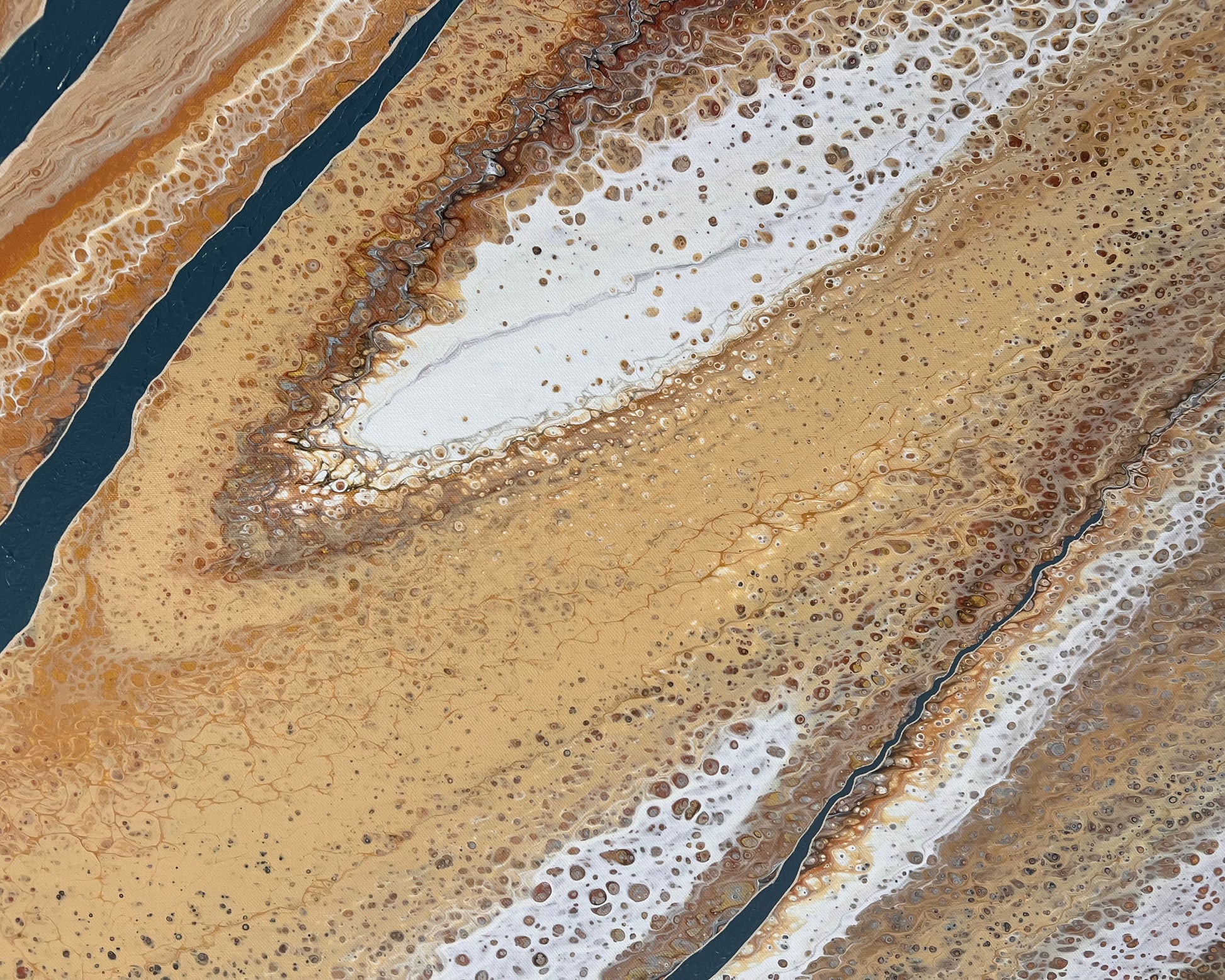 Close-up of Rivers Divide showing layered gold, bronze and white fluid detail with deep blue hand-painted linework and intricate cellular texture