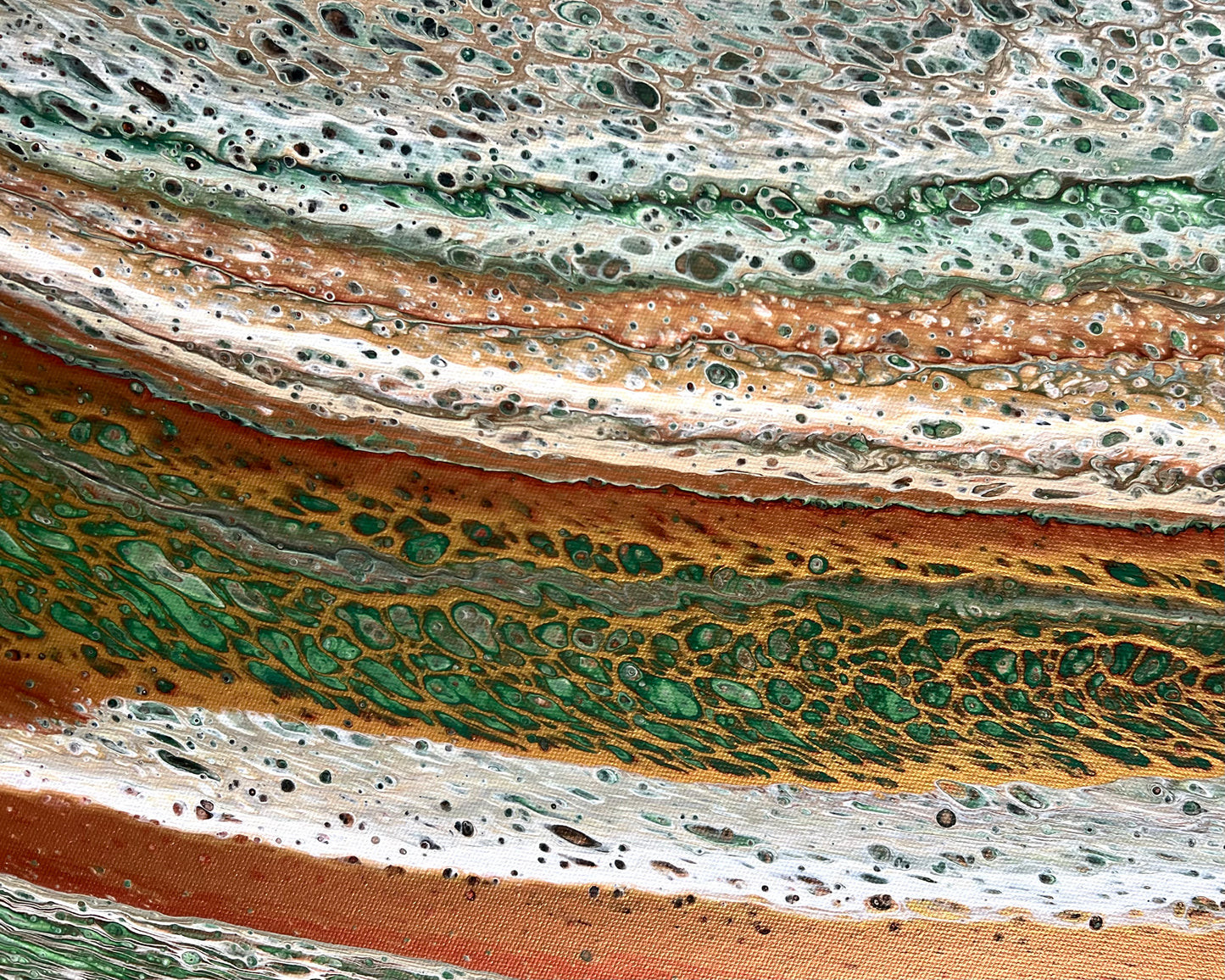 Close-up of Sculpted Plains showing intricate fluid acrylic details in green, terracotta, golden ochre and cream
