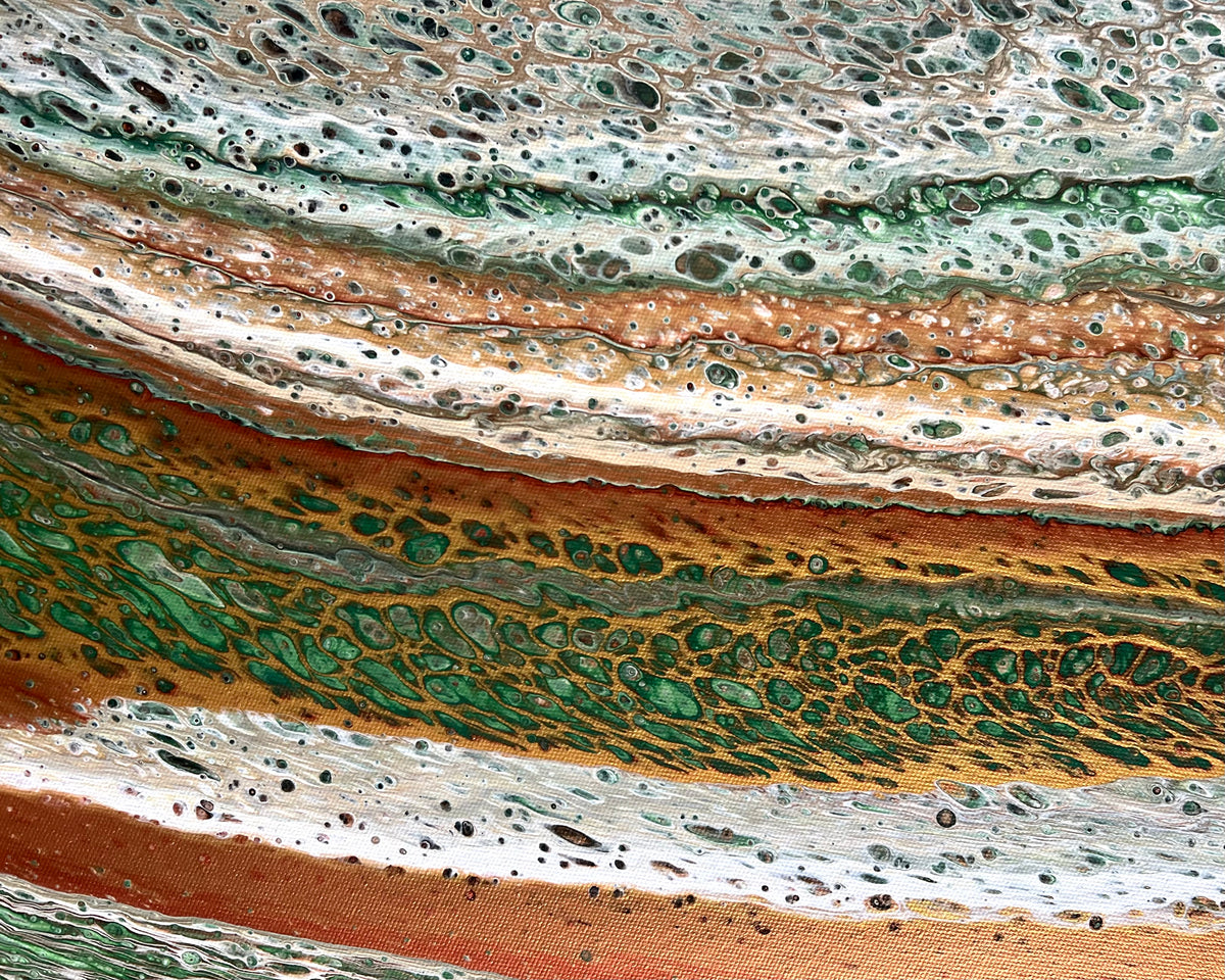 Close-up of Sculpted Plains showing intricate fluid acrylic details in green, terracotta, golden ochre and cream
