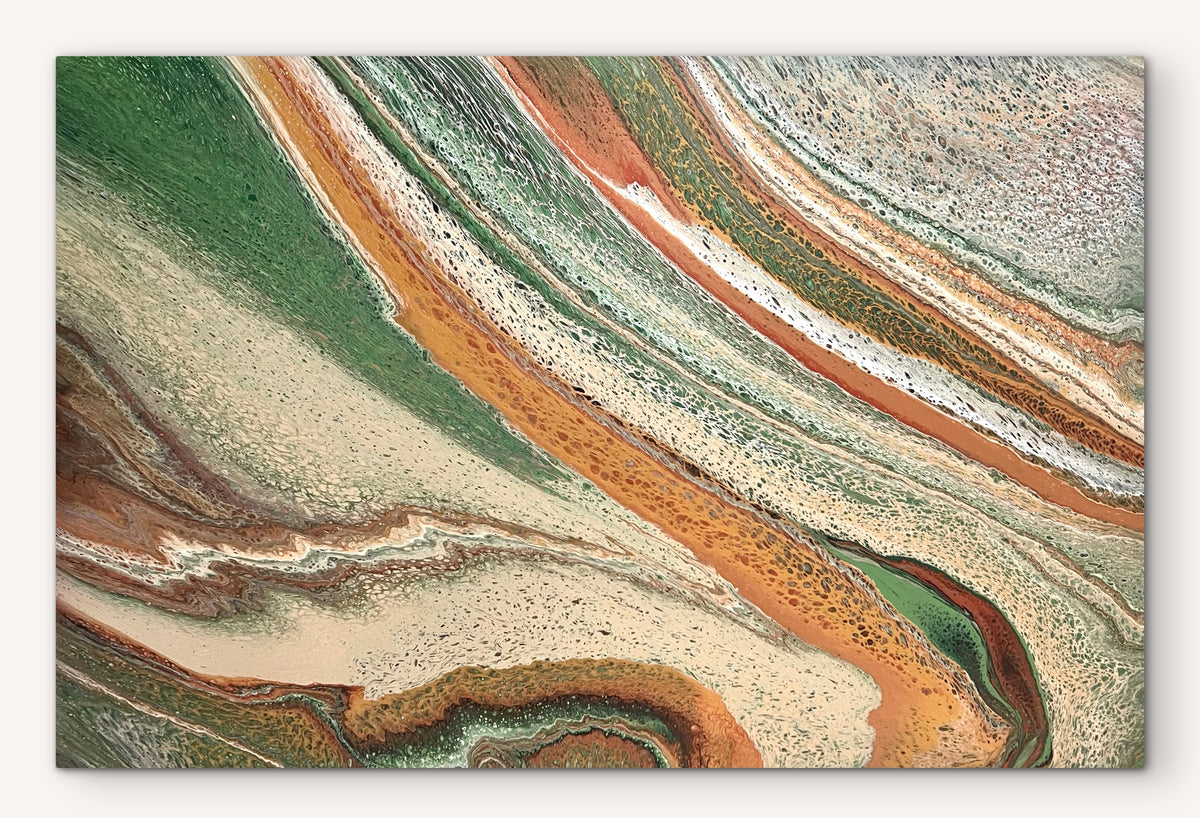 Sculpted Plains original abstract landscape painting with sweeping green, terracotta, ochre and cream layers
