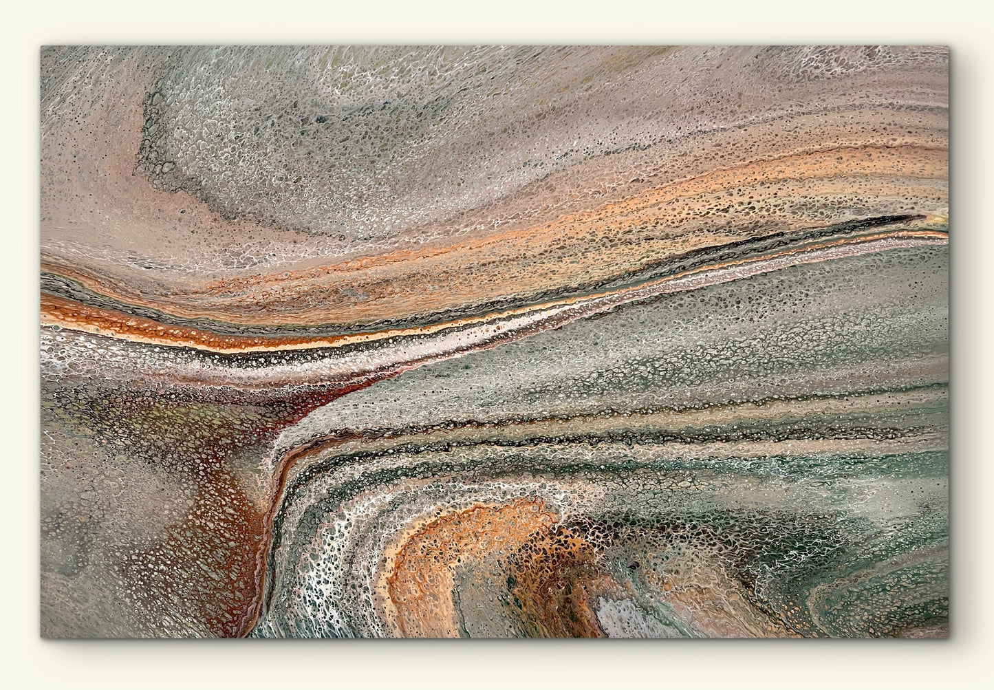 Full view of Shifting Ground, an oversized original abstract painting in muted green, soft grey, blush and copper with layered fluid movement